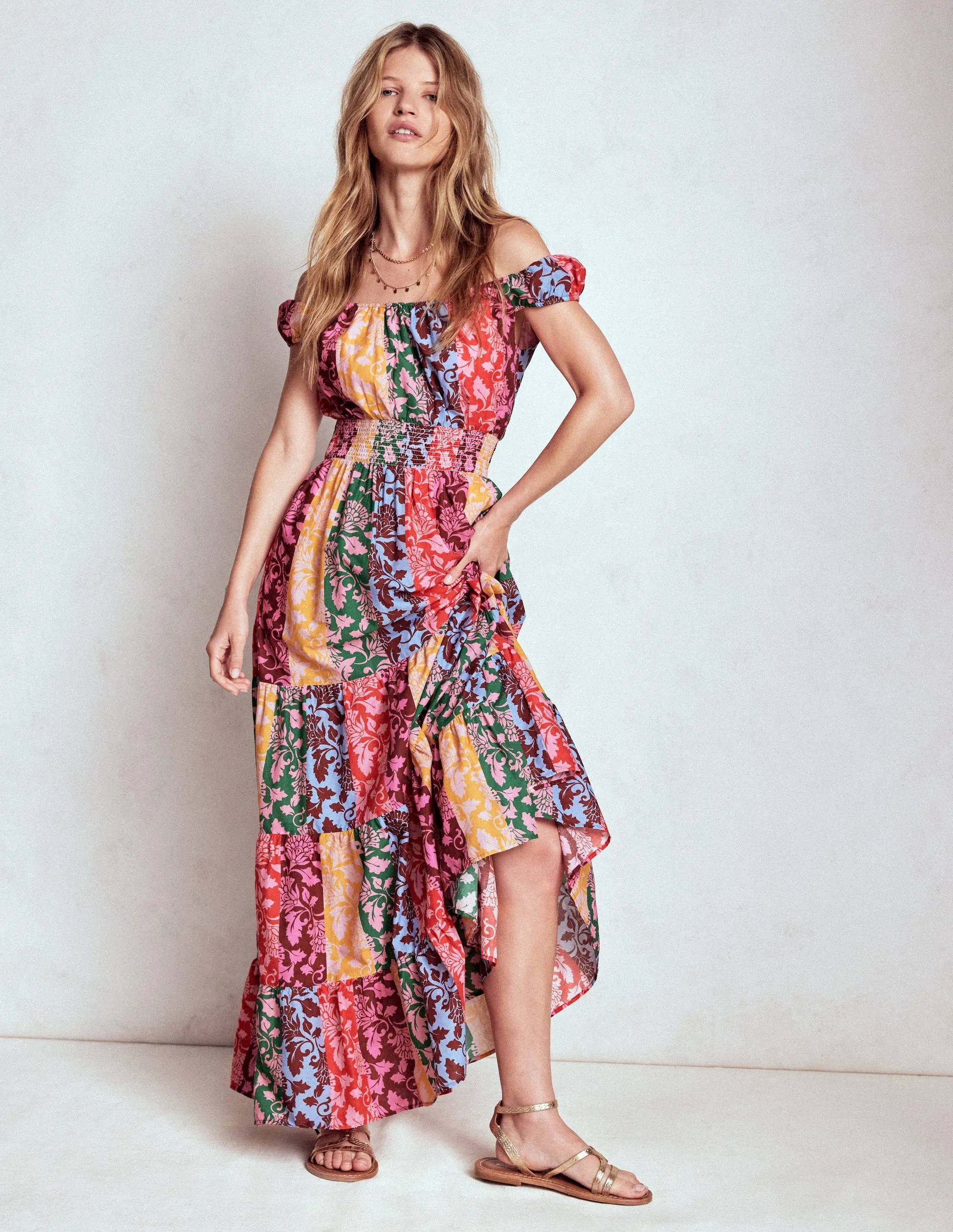 Vibrant floral maxi Scoop Cotton Tiered Dress-Multi, Ornate Vine