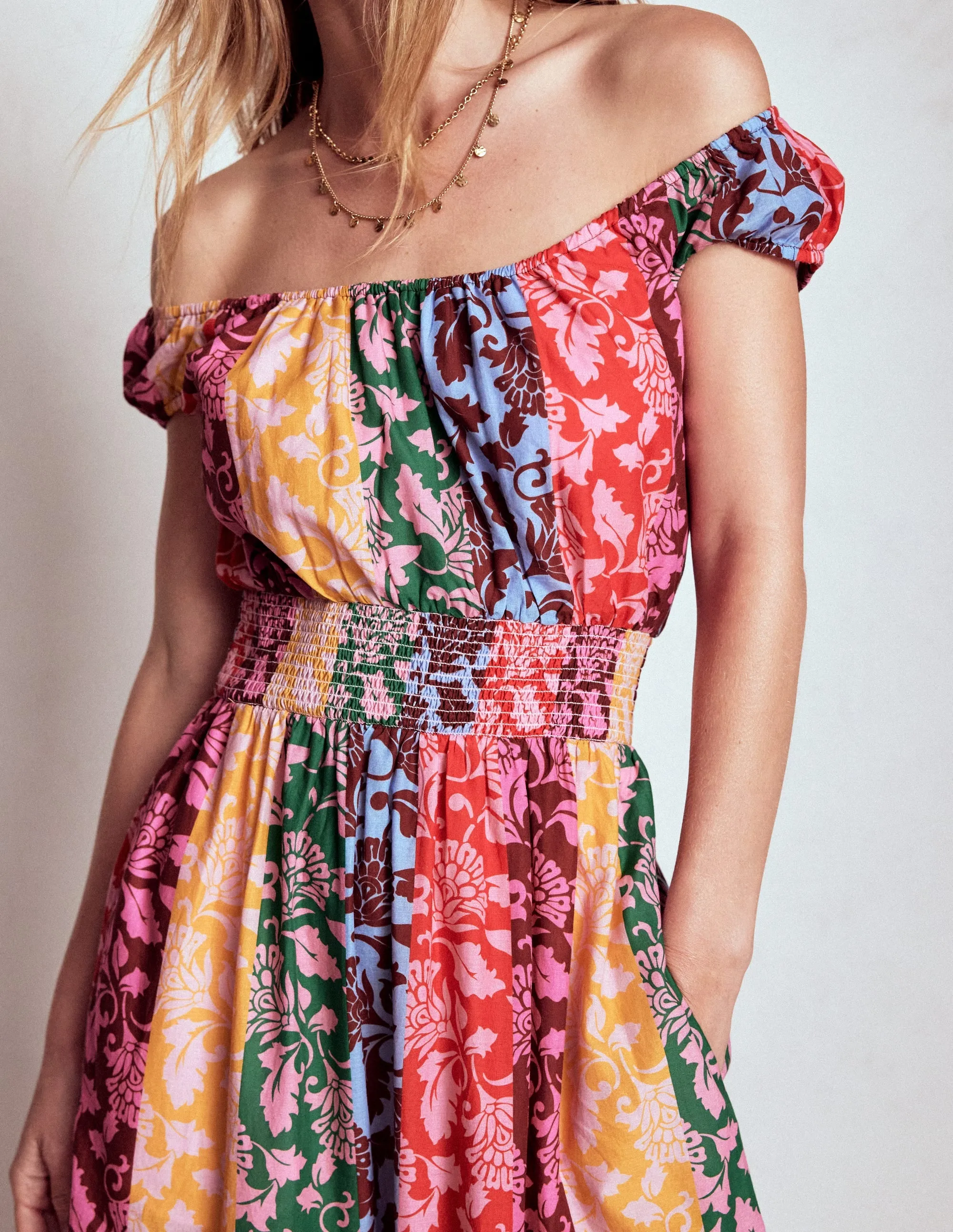Pleat Art Fur Glow Scoop Cotton Tiered Dress-Multi, Ornate Vine