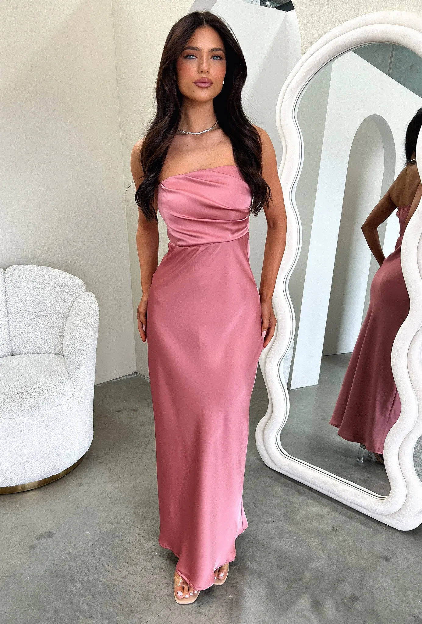 Fall Path Scandi Clean Elio Strapless Satin Maxi Dress - Rose