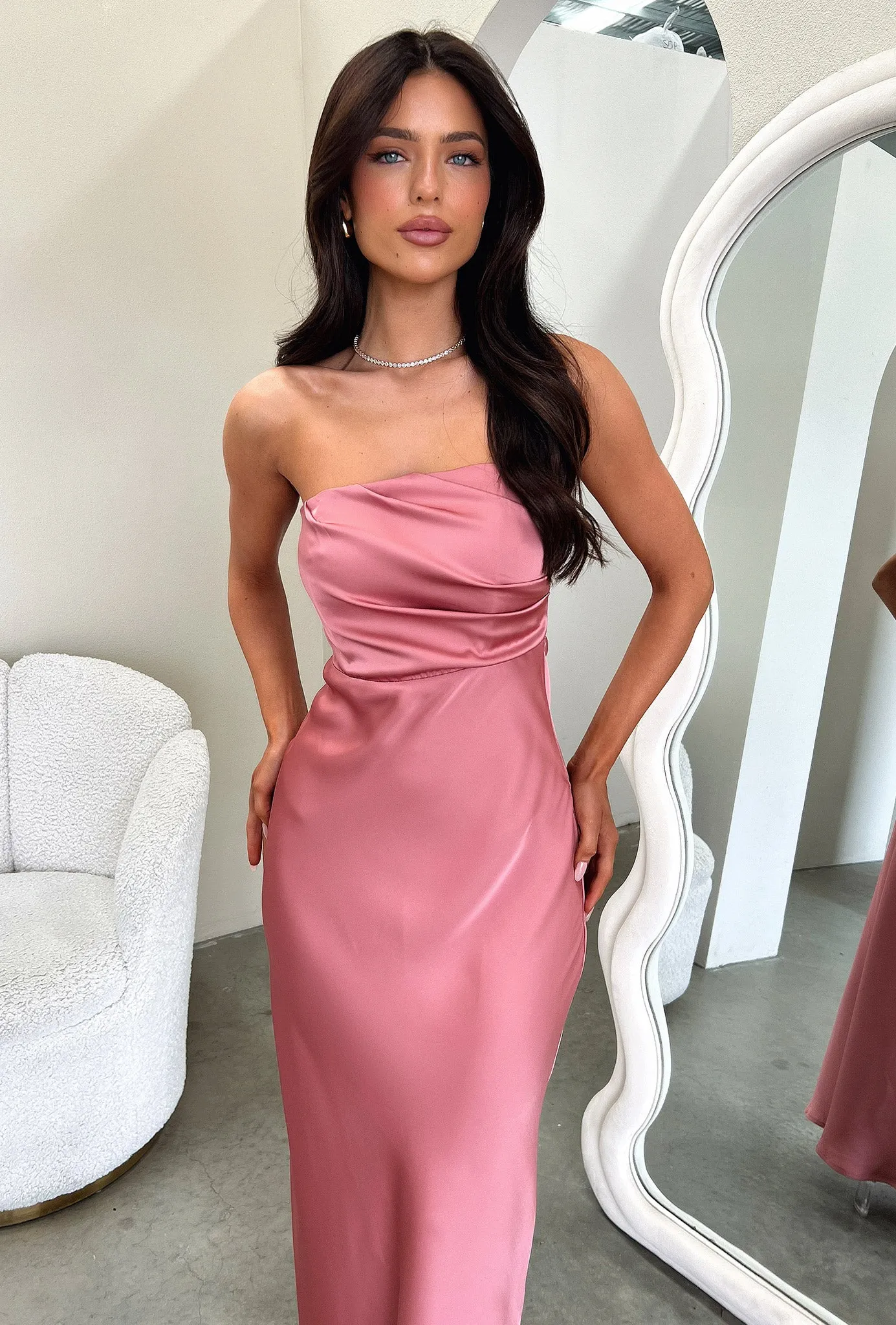 Elio Strapless Satin Maxi Dress - Rose Wool Soft Country Glow