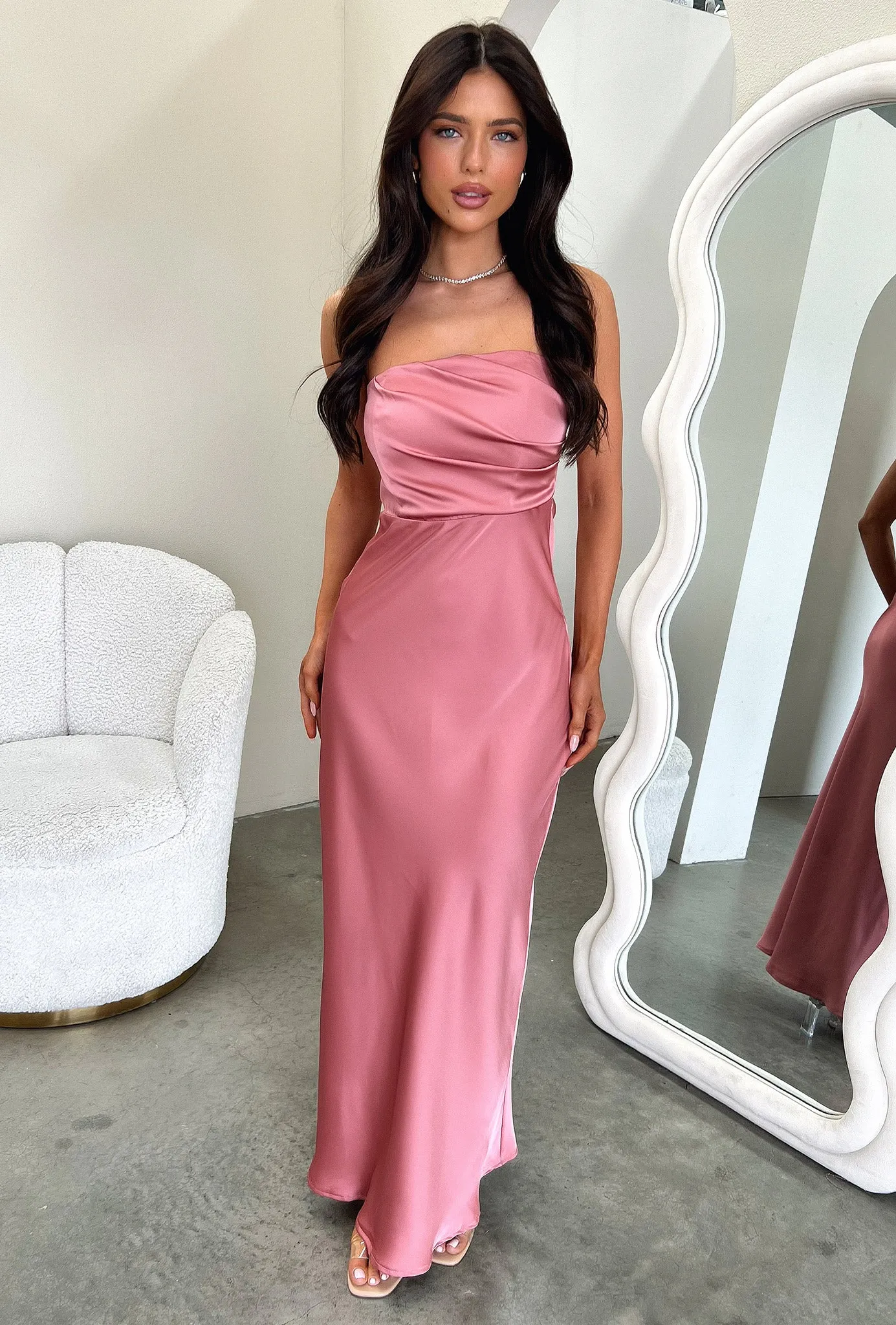 Boat Neck Confident Walk Elio Strapless Satin Maxi Dress - Rose