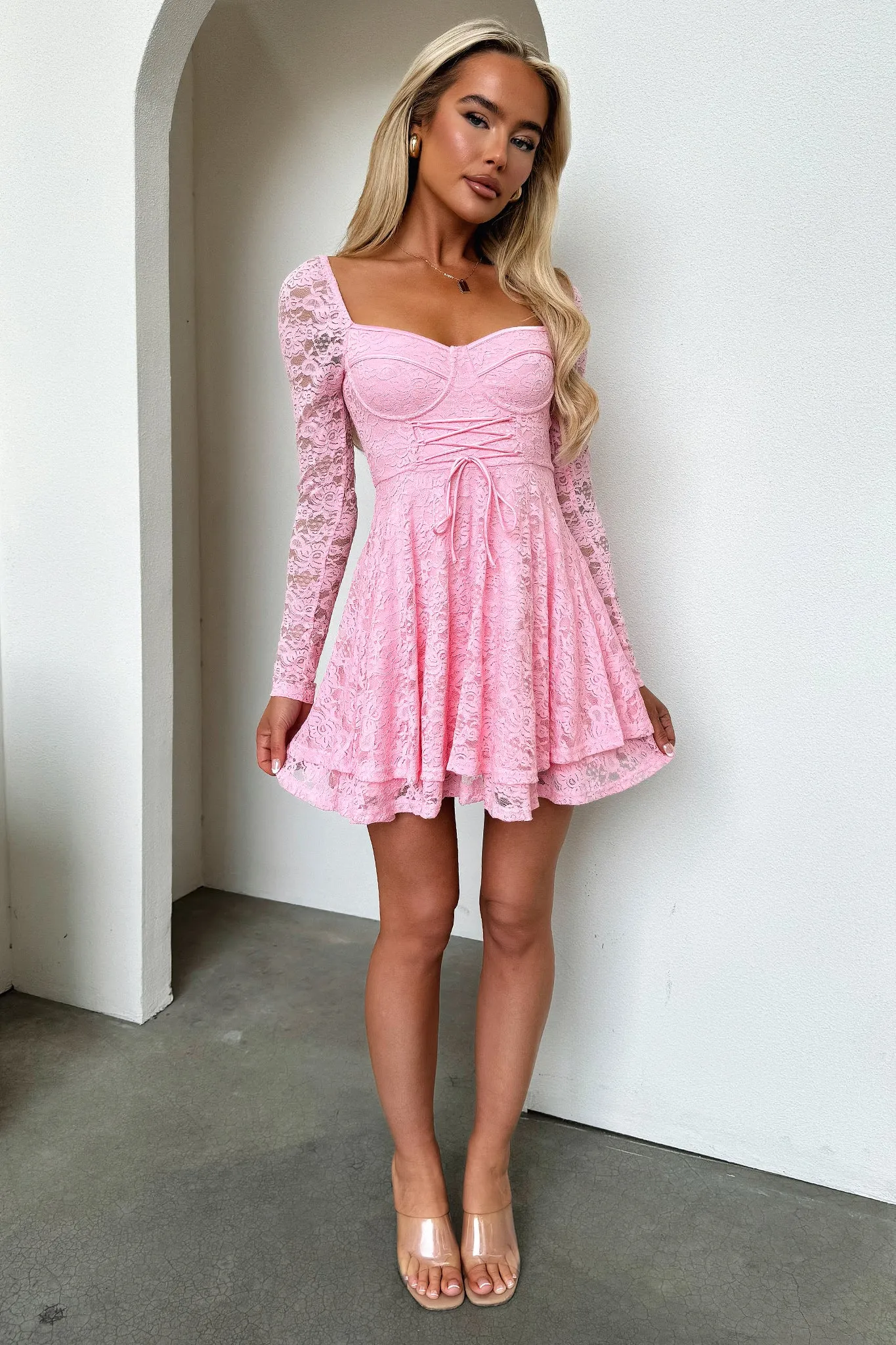 Tate Long Sleeve Lace Dress - Baby Pink Smart Casual Playful fabric mini dress