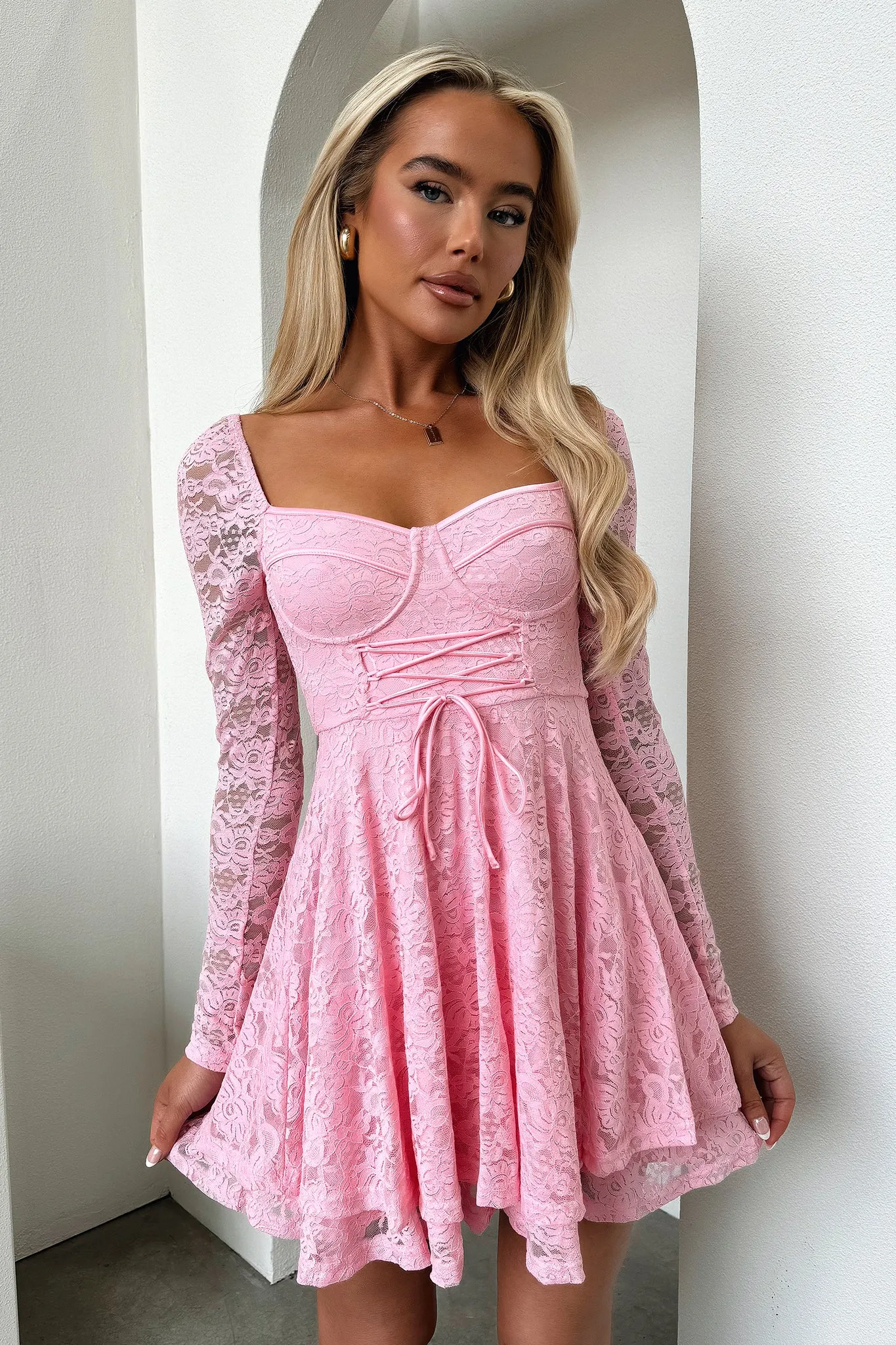 Tate Long Sleeve Lace Dress - Baby Pink Light Charm Stage Star