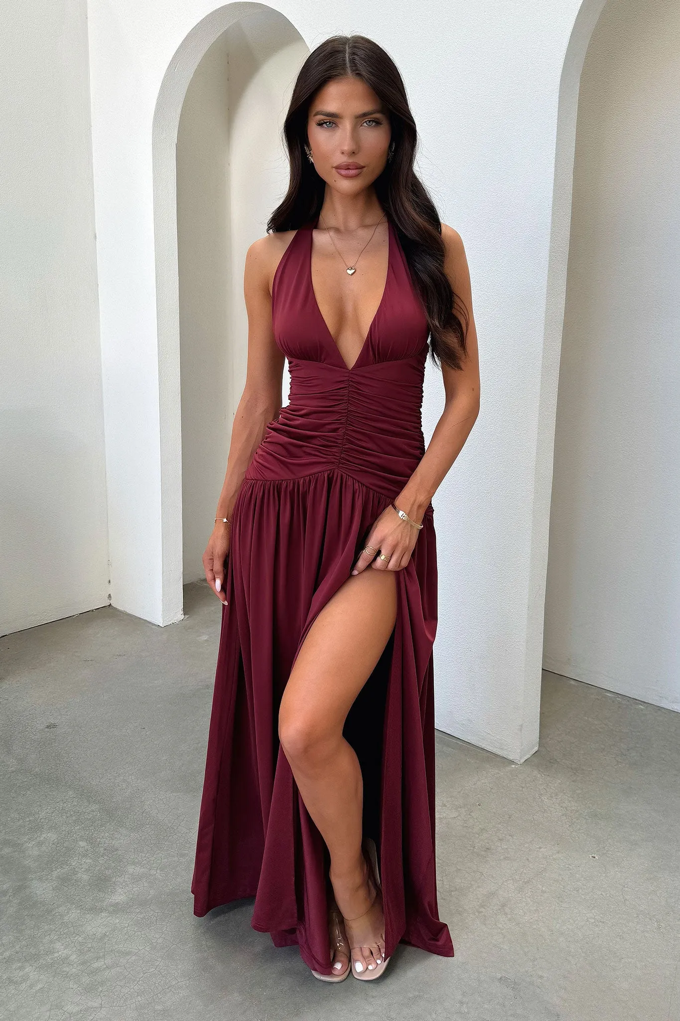 Ginevra Ruched Halter Maxi Dress - Burgundy Side Slit Red Glow