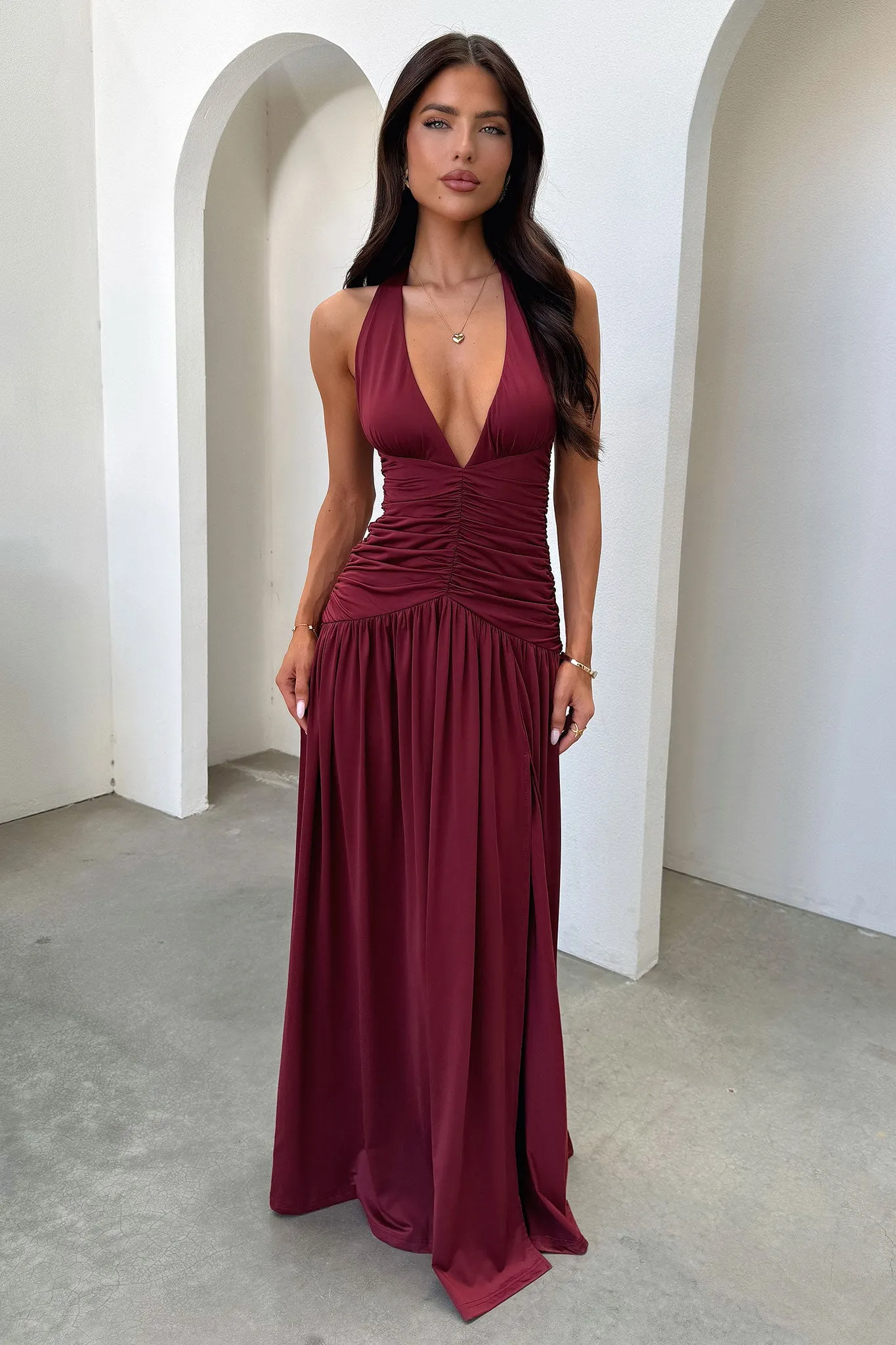 Ginevra Ruched Halter Maxi Dress - Burgundy Winter Soft The relaxed fit of this maxi dress ensures all-day comfort while maintaining a stylish look