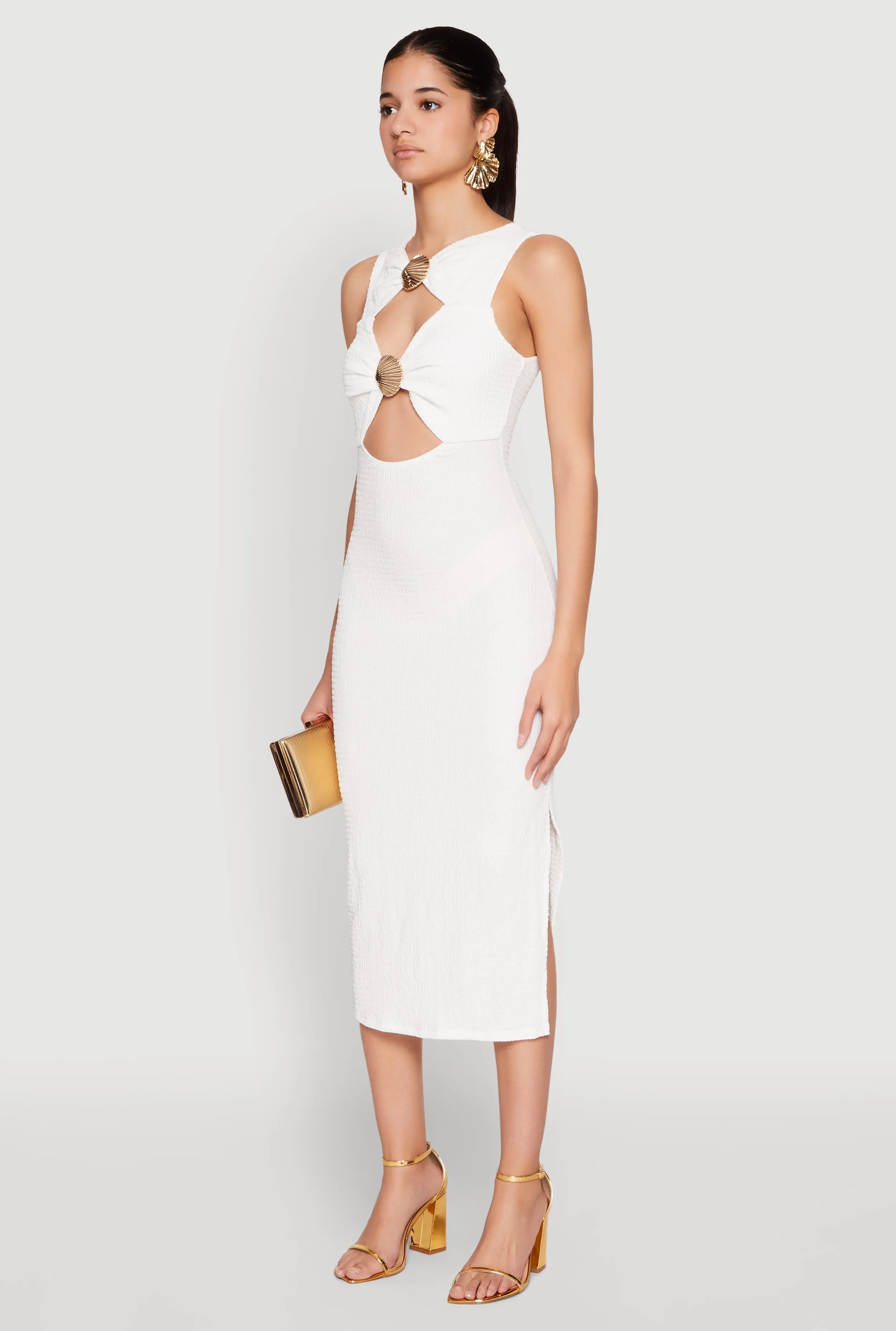 Metallic Seashell Cut Out Midi Dress Cherry Grove Cozy Elegance