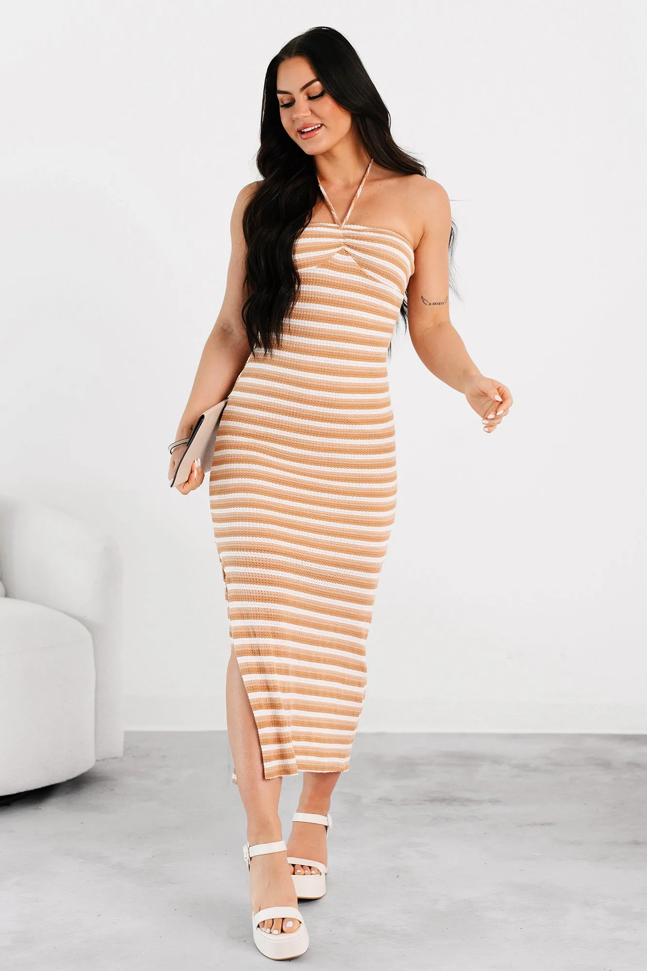 Low-Key Chill Striped Bodycon Maxi Dress (Taupe/White) Sophisticated summer attire