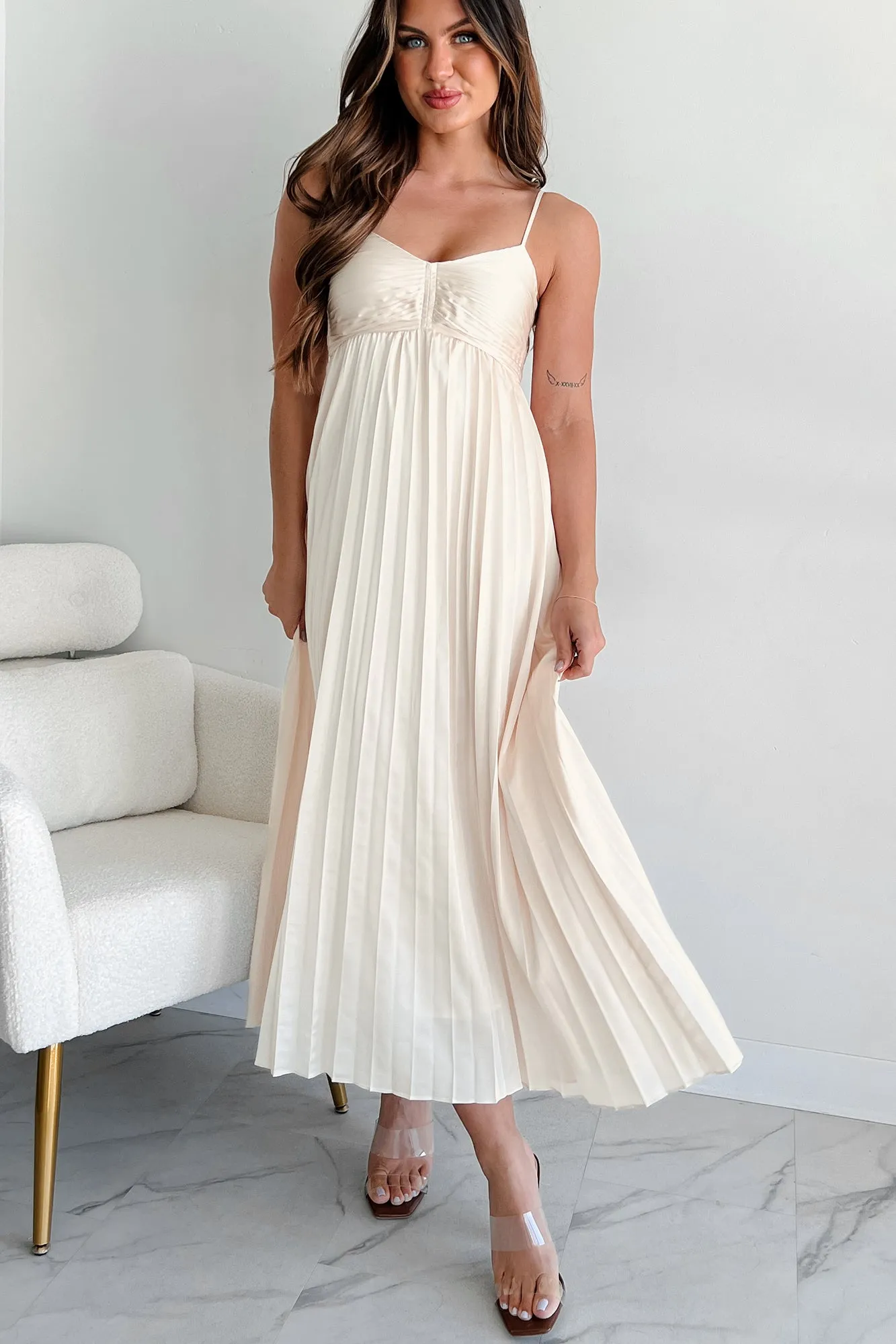 Essential Chicness Pleated Satin Dress (Champagne) Glass Glow Dune Glow