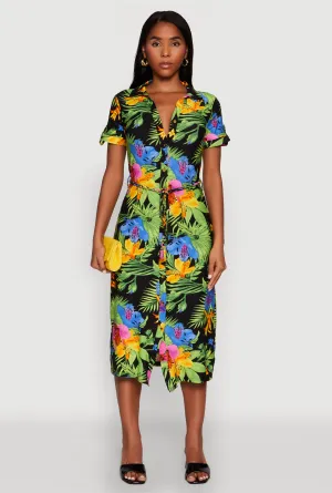 Tropical Floral Print Tie Waist Belted Dress Elegant fit-and-flare dress Elegant knee-length dress