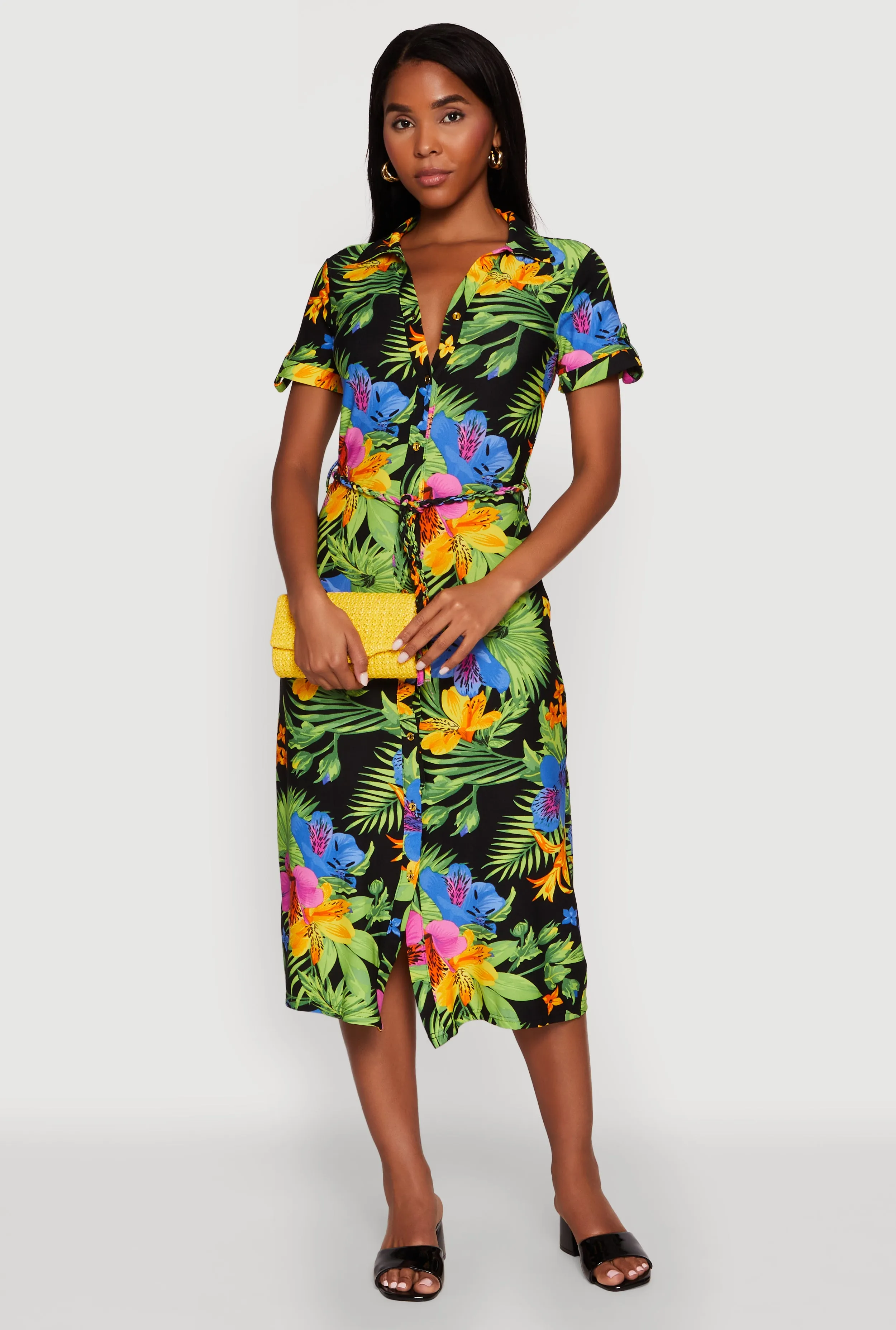 Stylish Casual Japanese Neat Tropical Floral Print Tie Waist Belted Dress