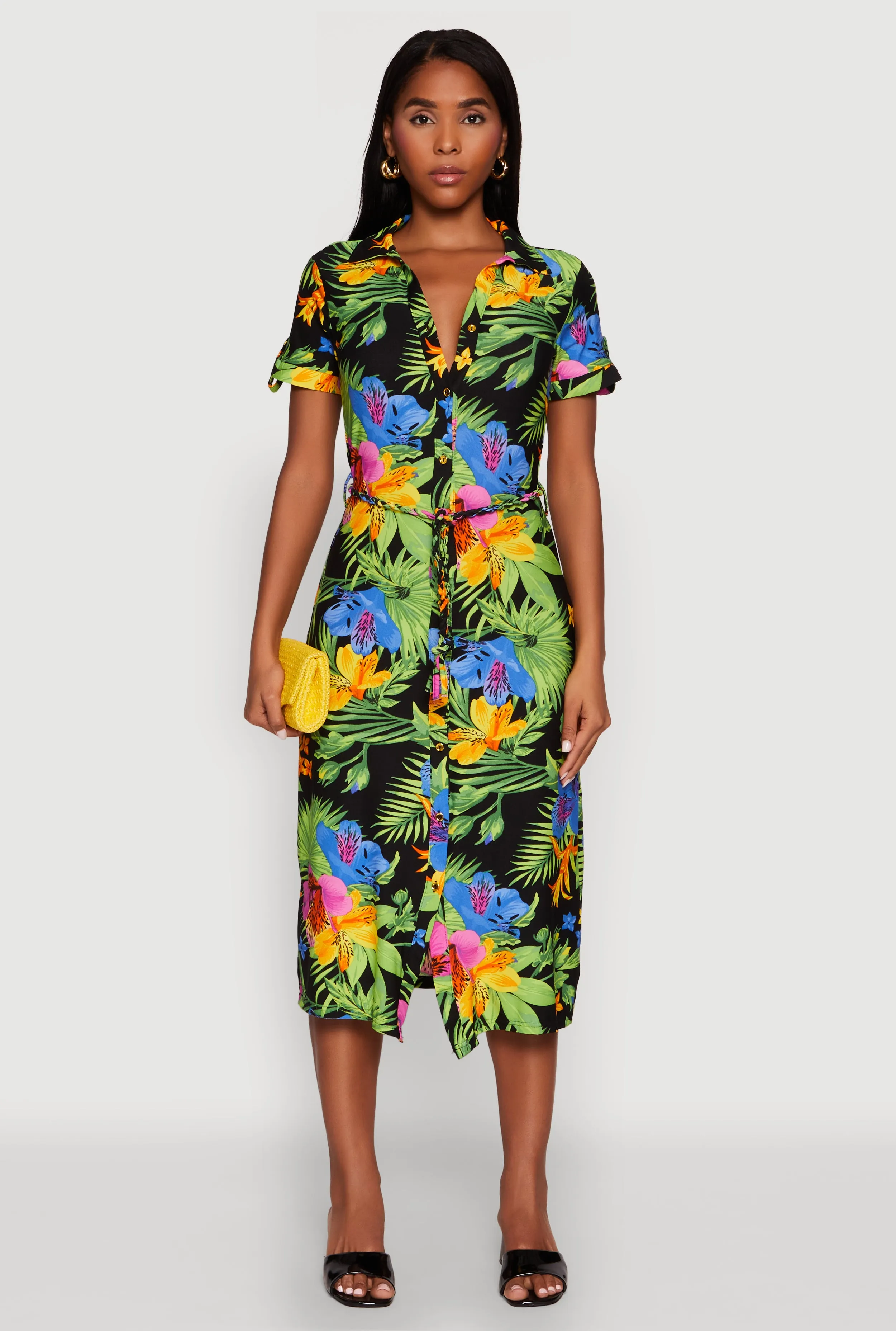 Tropical Floral Print Tie Waist Belted Dress Elegant fit-and-flare dress Elegant knee-length dress