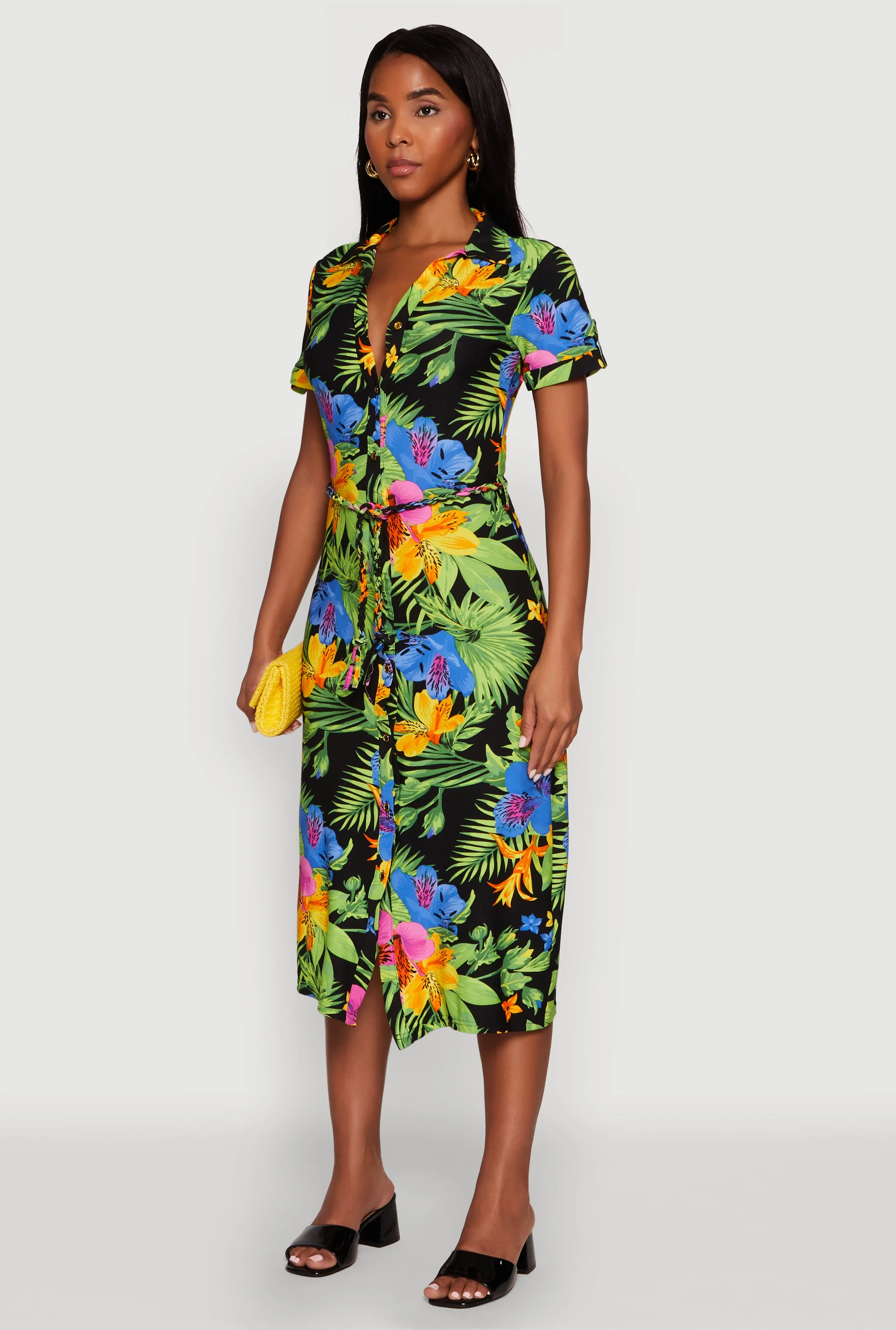 Tropical Floral Print Tie Waist Belted Dress Casual yet elegant dress