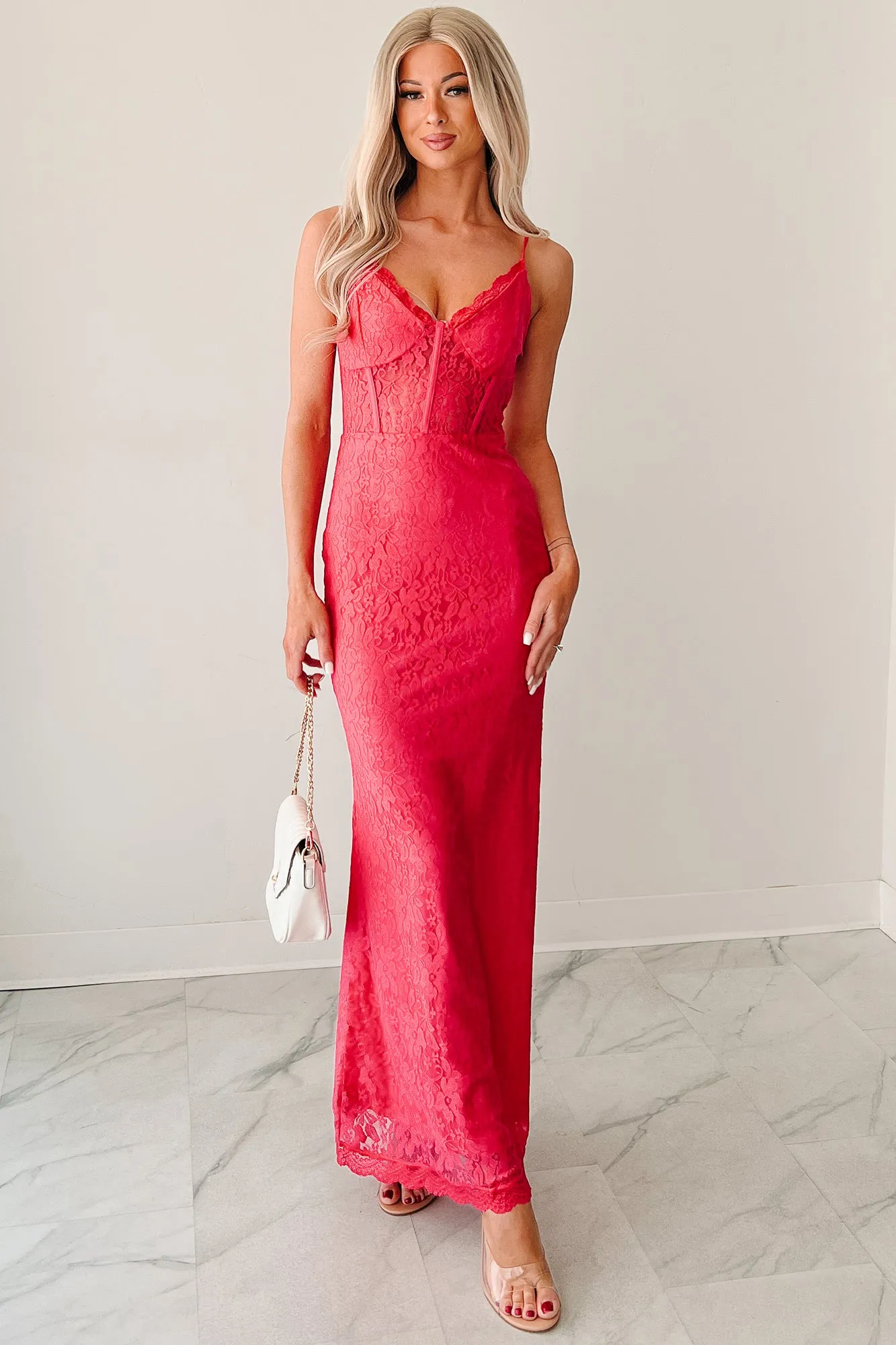 dreamy vibe Vibrant colored maxi Glow Loudly Corset Sleeveless Lace Maxi Dress (Hot Pink)