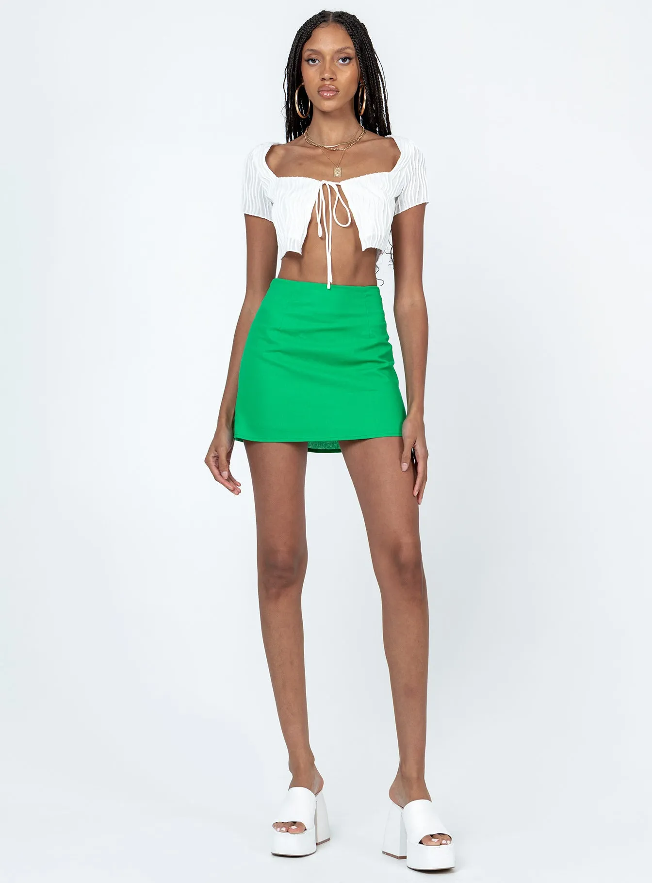 Kariss Mini Skirt Green Two Tone Trim Fold Over Detail