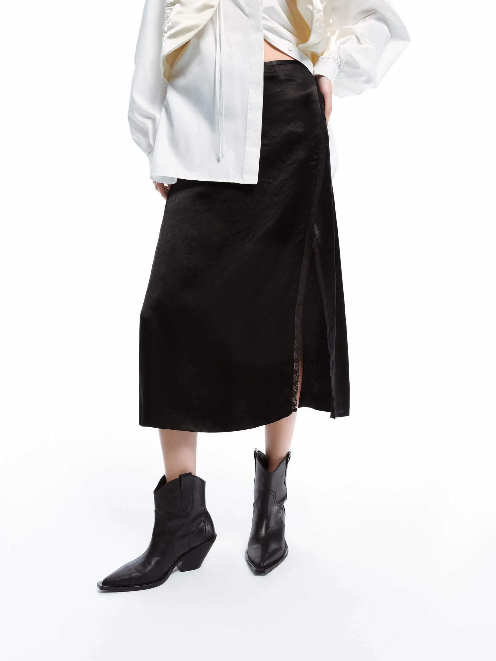 Lined interior Pull On Style Slant Slit Detail Midi Skirt