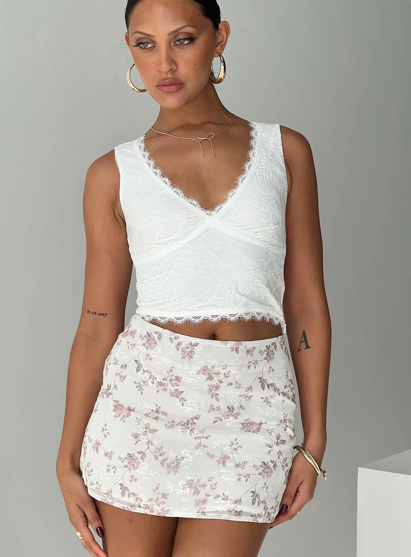 Salmar Mini Skirt Cream / Pink Floral Anti Pilling Fabric