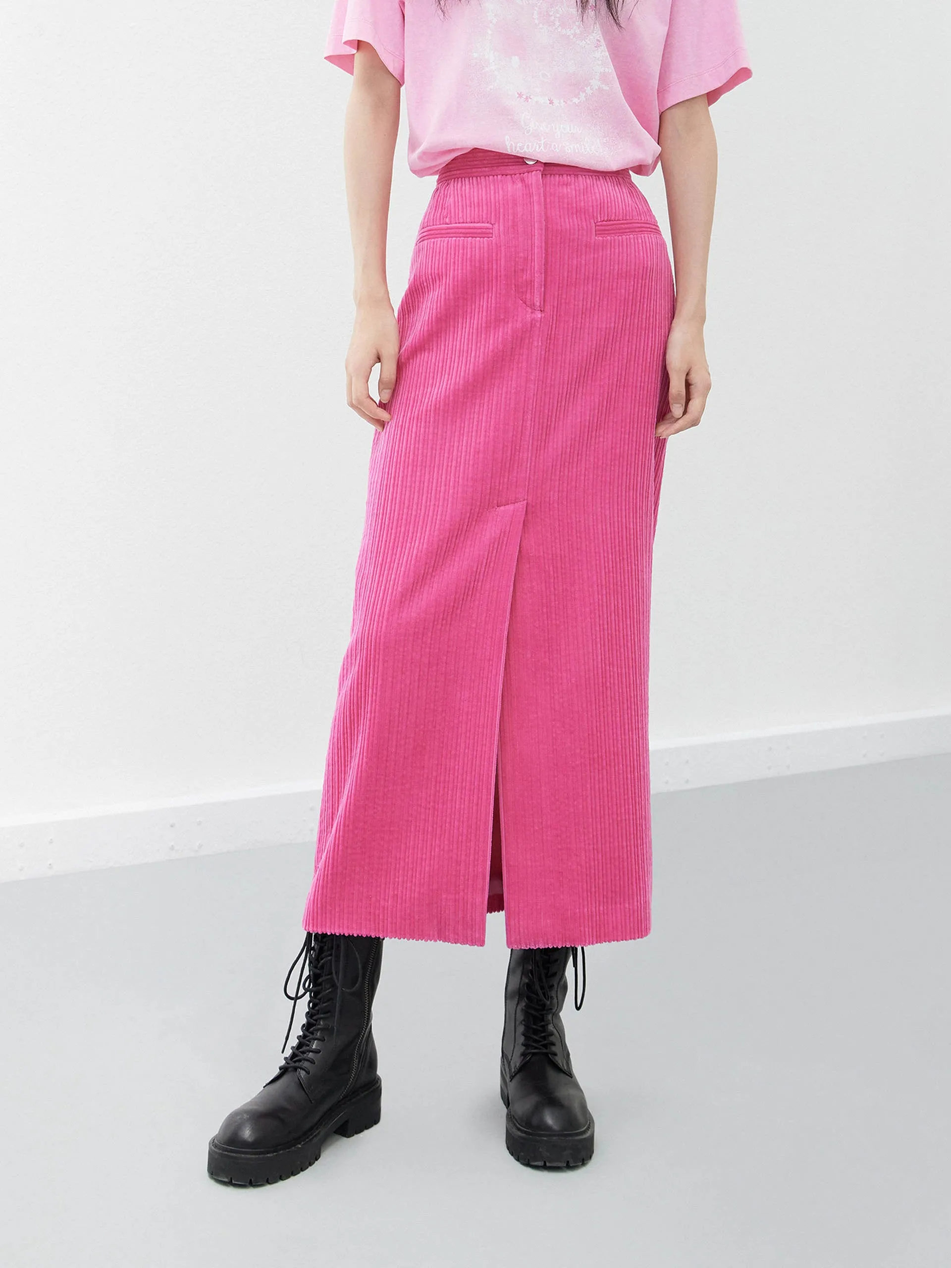Comfort Fit Striped Design Corduroy Slit Front Skirt