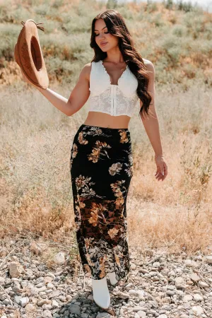Subtle Shimmer Resilient Heart Floral Mesh Lace Maxi Skirt (Black)