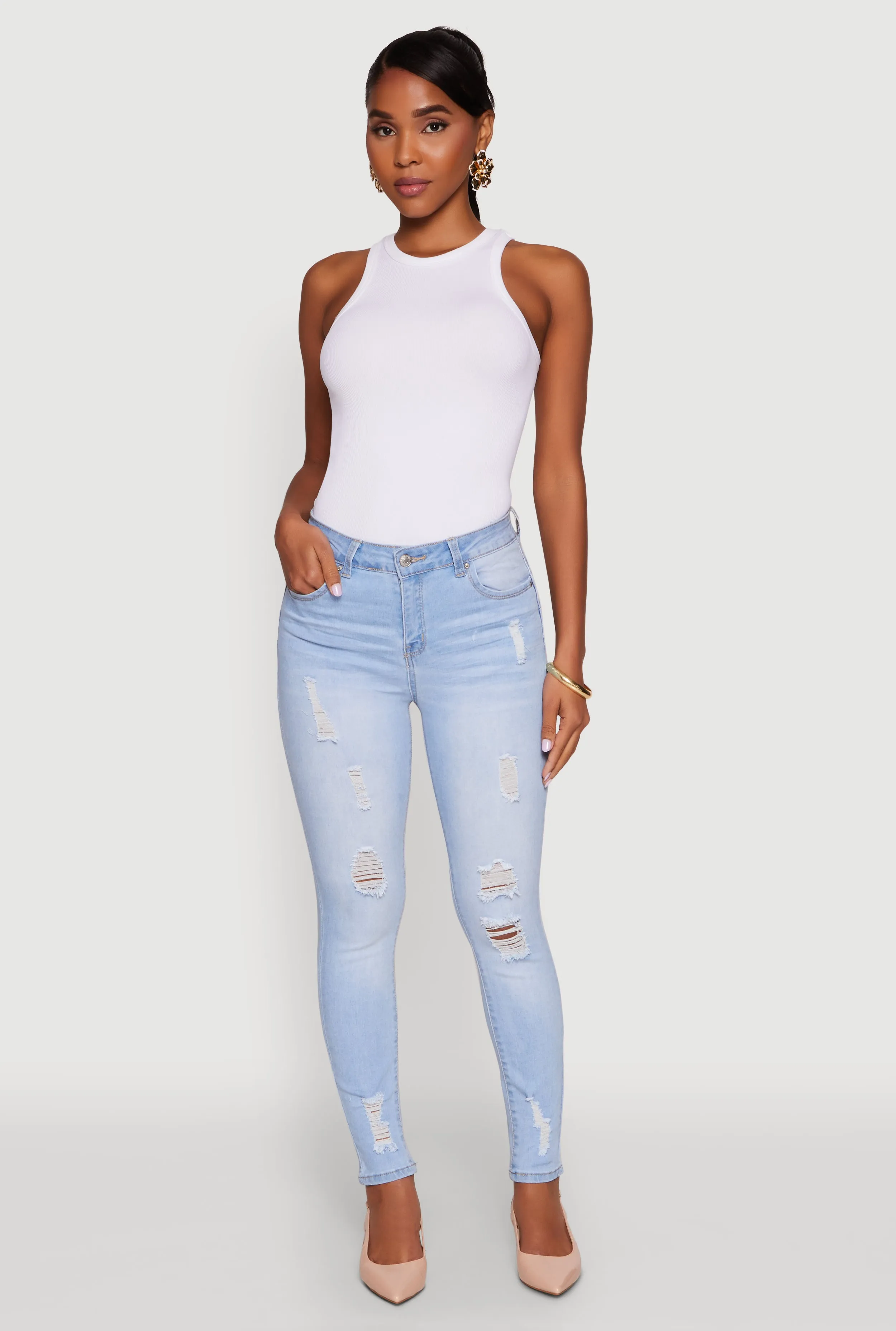 Street Look WAX Distressed Frayed Skinny Jeans