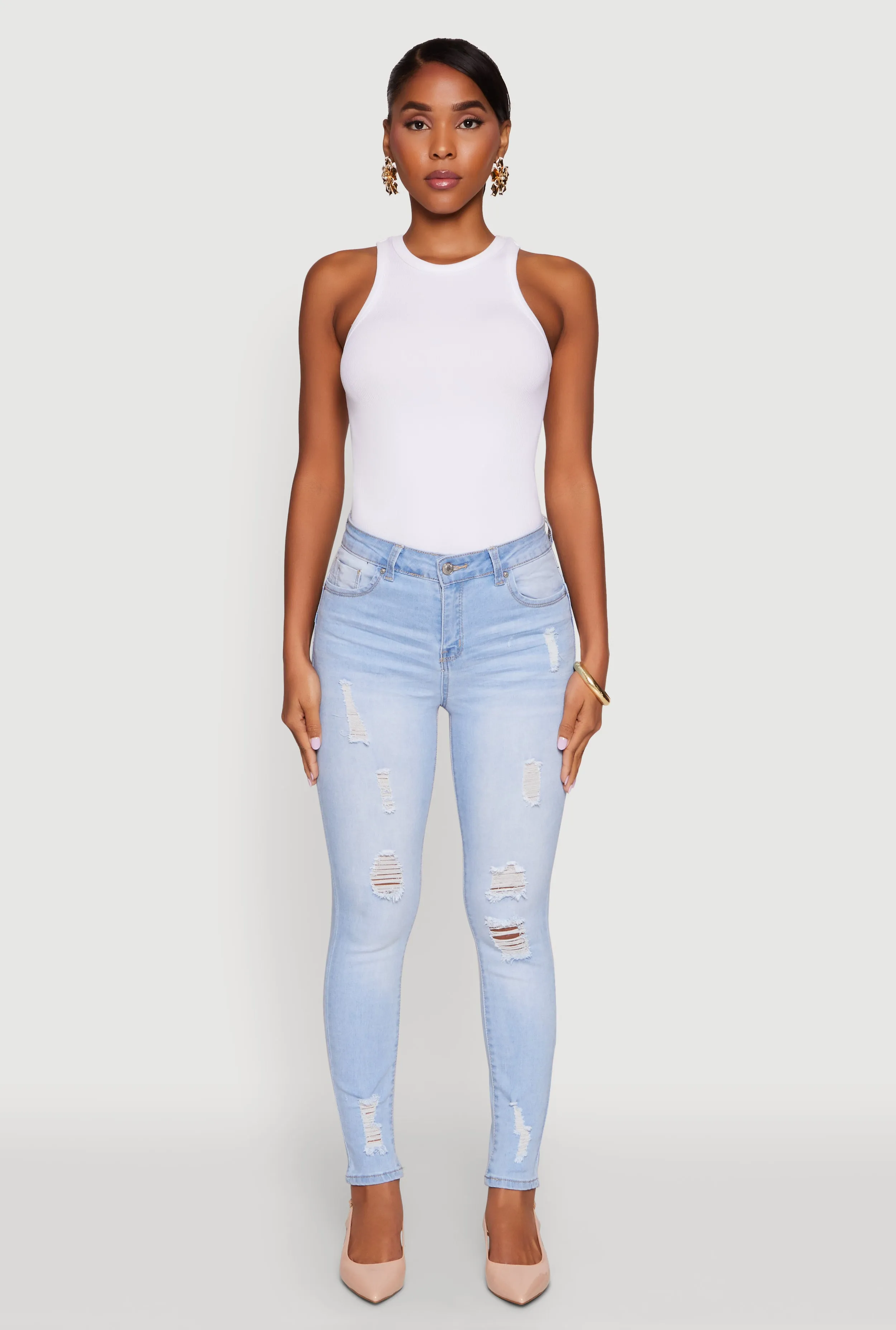 Loose Outdoor Adventure Work Meeting Affordable Neutral Holiday Vibes WAX Distressed Frayed Skinny Jeans