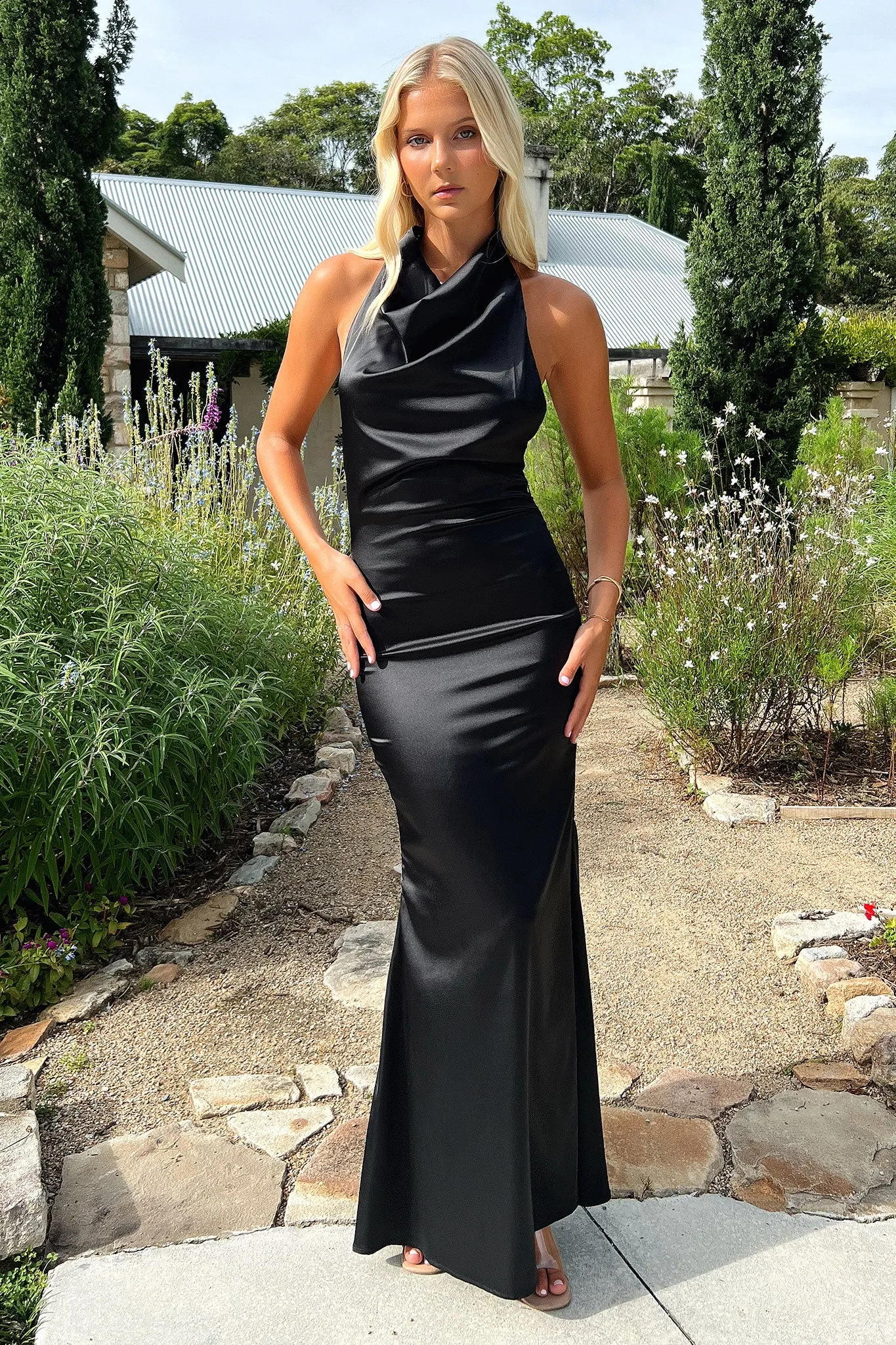 Corwin Open Back Satin Maxi Dress - Black Free Walk Whether dressing for work or a weekend gathering this dress is always an appropriate choice