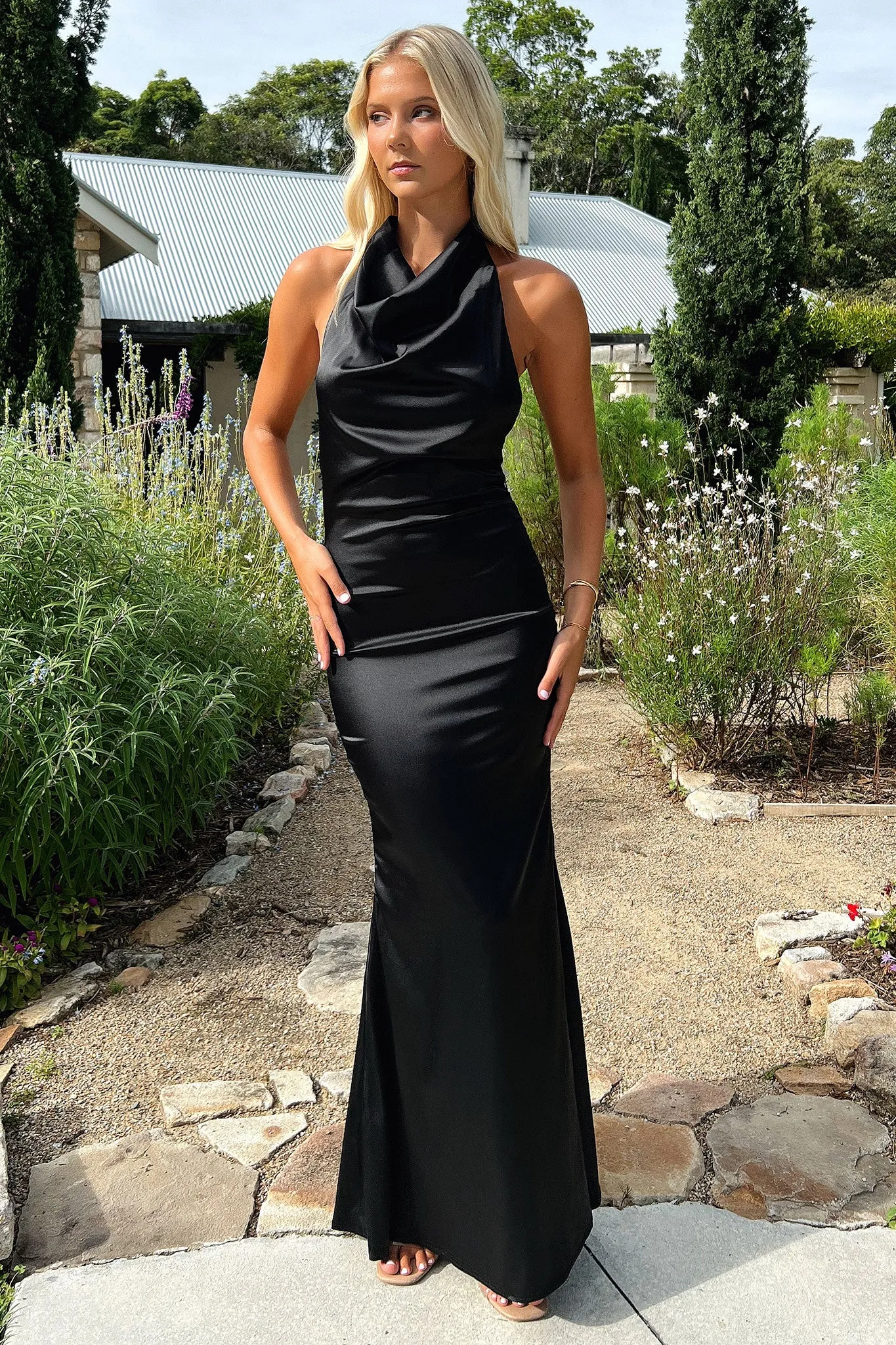 Corwin Open Back Satin Maxi Dress - Black comfortable length