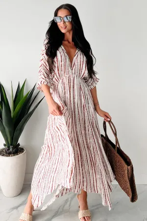 Dune Glow Side Slit Amalfi Coast Striped Deep V Midi Dress (Ivory/Brown)