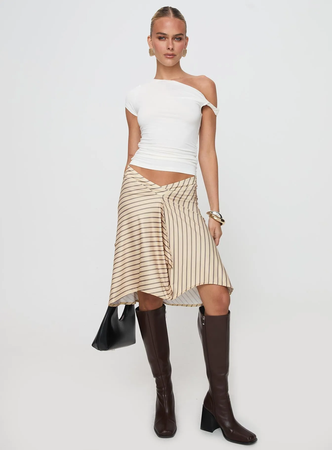 Esmeray Midi Skirt Diagonal Stripe Yellow Classic Fit