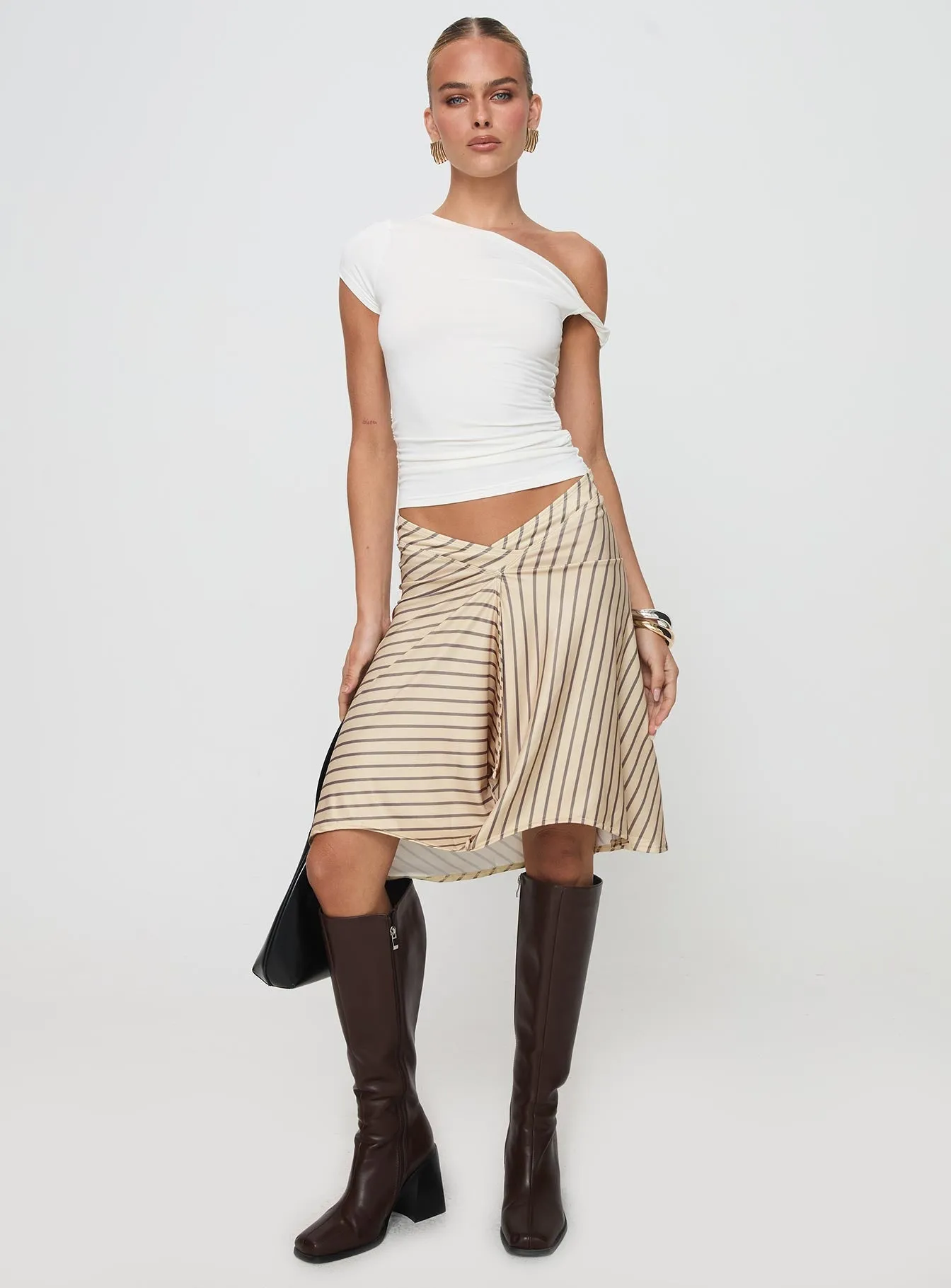 Slip Resistant Waist Minimal Style Esmeray Midi Skirt Diagonal Stripe Yellow