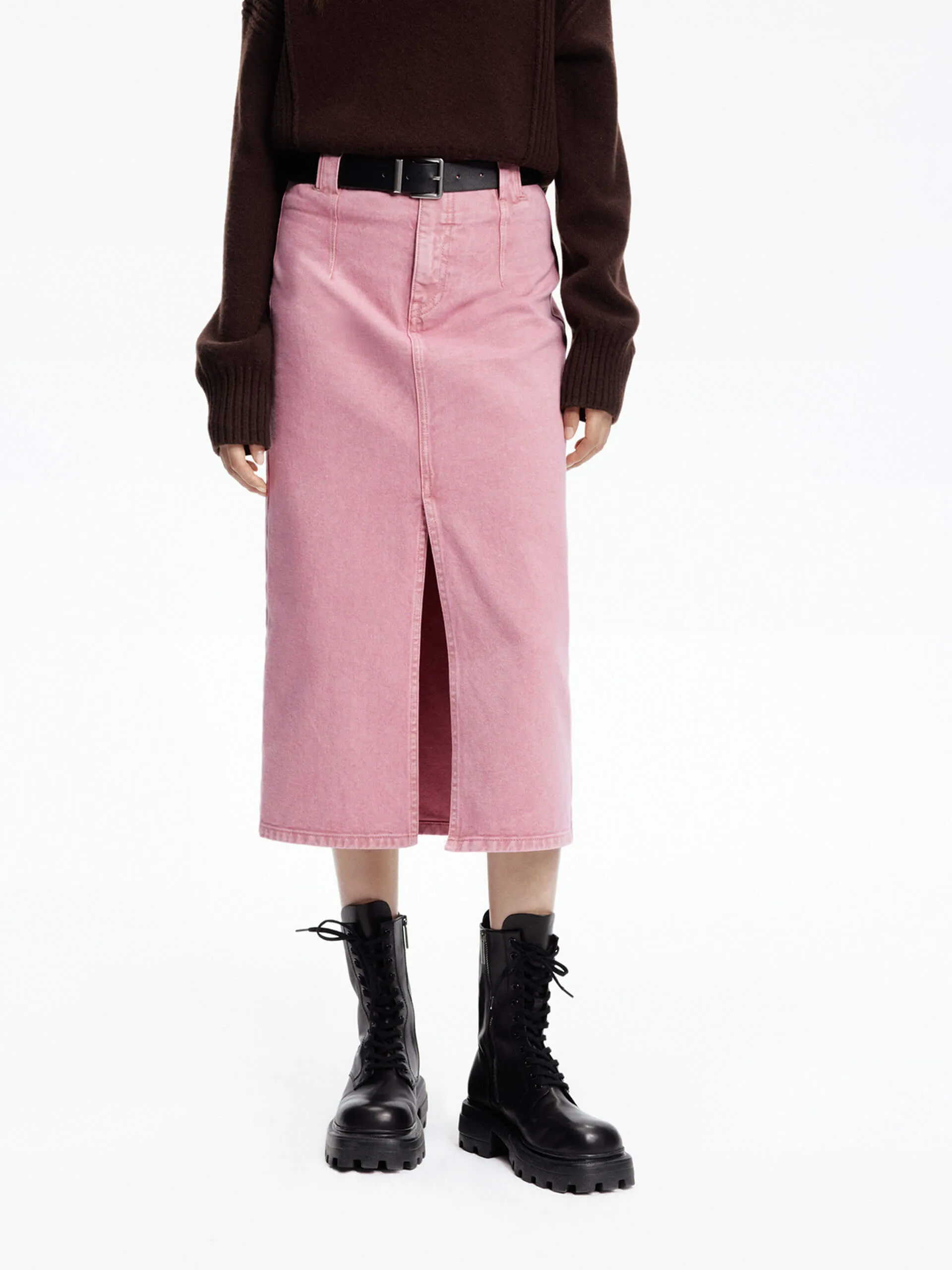 Mid Length Daily Style Slit Detail Denim Skirt with Belt