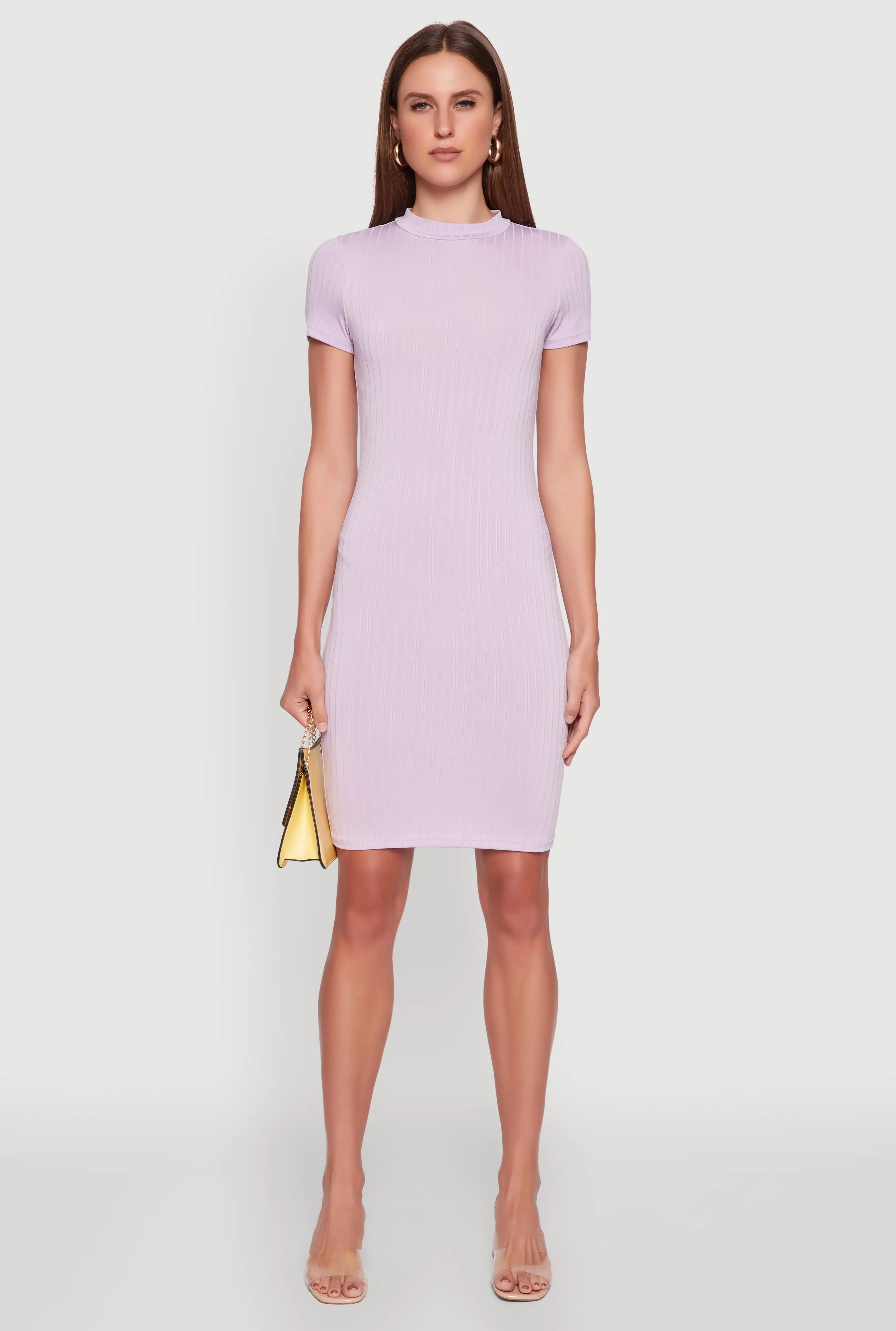 Daisy Rib Knit Mock Neck T Shirt Dress Flattering Layers Classic Charm