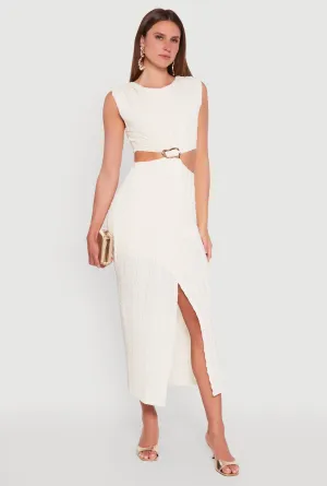 Wood Scent Flattering Fit Textured Knit Metallic Detail Front Slit Midi Dress