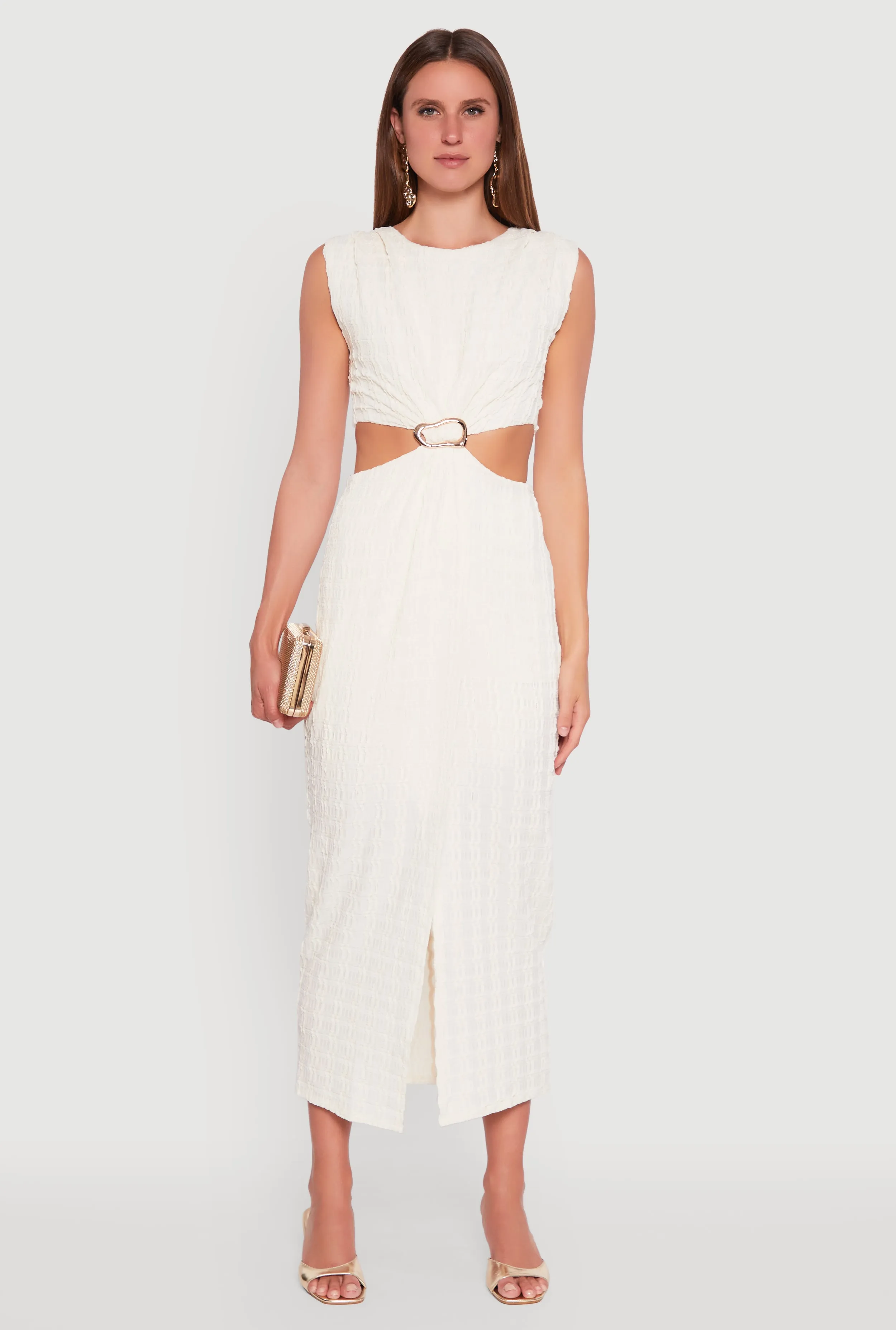 Textured Knit Metallic Detail Front Slit Midi Dress Easy Style