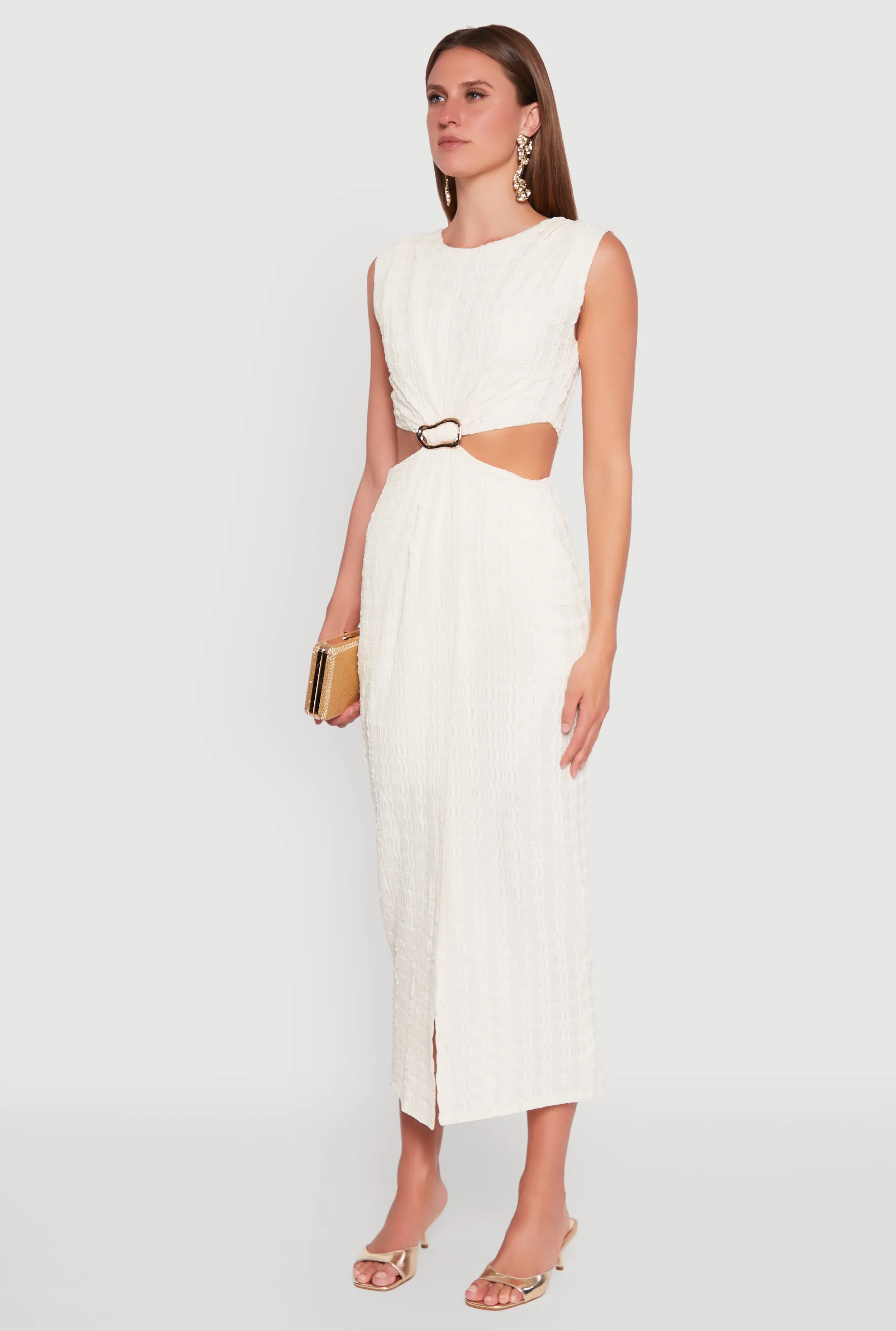 Textured Knit Metallic Detail Front Slit Midi Dress Polished Attire Low Maintenance
