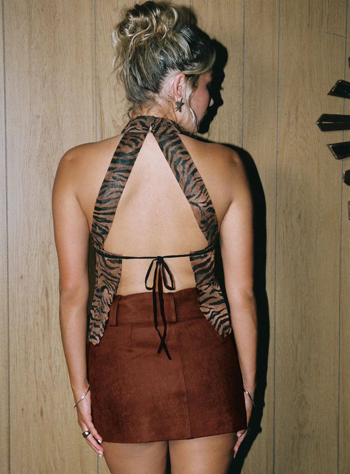 Iconic Style Back Slit Movita Belted Mini Skirt Brown