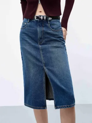 City Tones Crisp Look Denim Front Slit Skirt