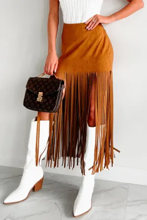 Merla Faux Suede Fringe Skirt (Camel) Tiered Layers Wardrobe Hero