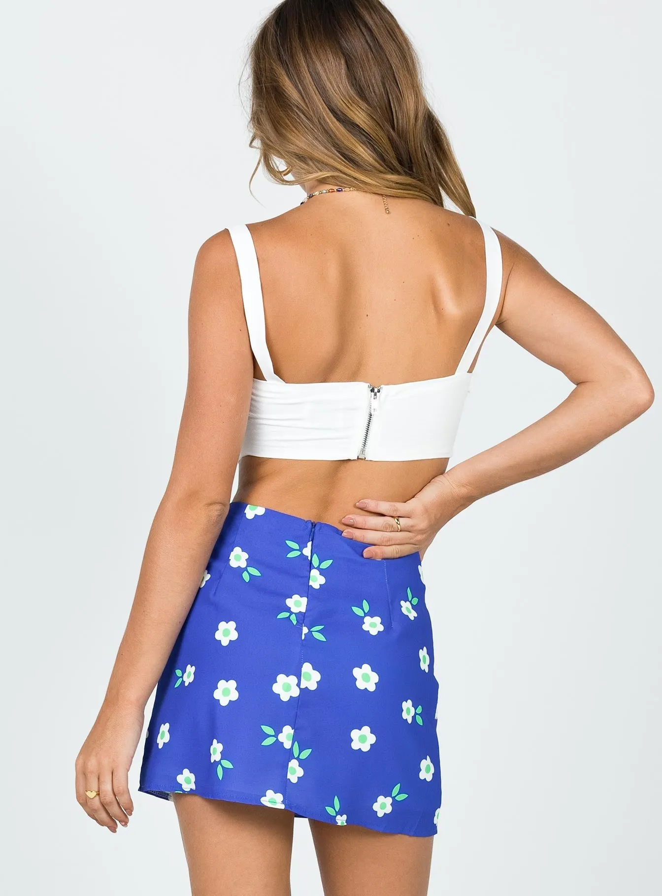 Selby Mini Skirt Blue Floral Draped Silhouette