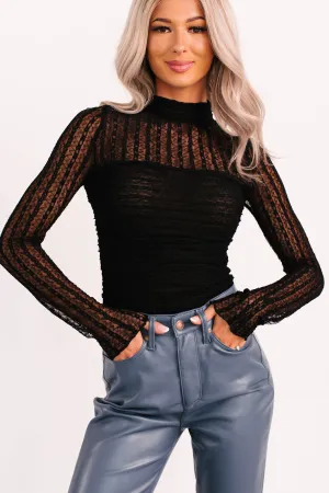 Laced In Fame Floral Mock Neck Lace Bodysuit (Black) Elegant Sporty