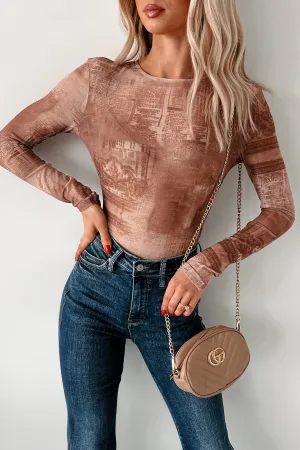 Lost In Time Printed Mesh Bodysuit (Brown) Unique Couple Relaxed Date
