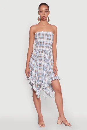 Plaid Smocked Handkerchief Hem Tube Dress Seasonal Fashion Brunch Ready