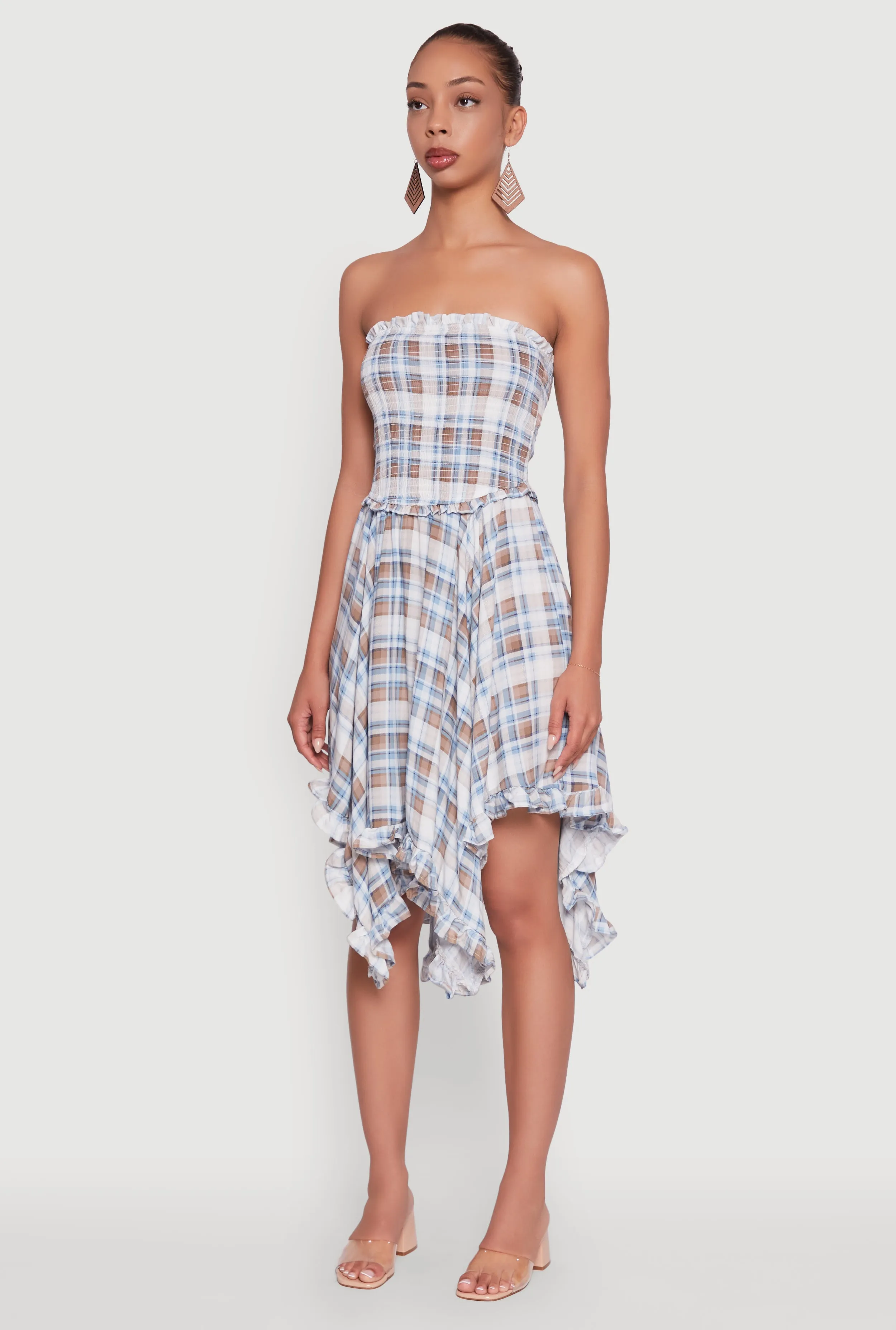 Plaid Smocked Handkerchief Hem Tube Dress Elegant Option