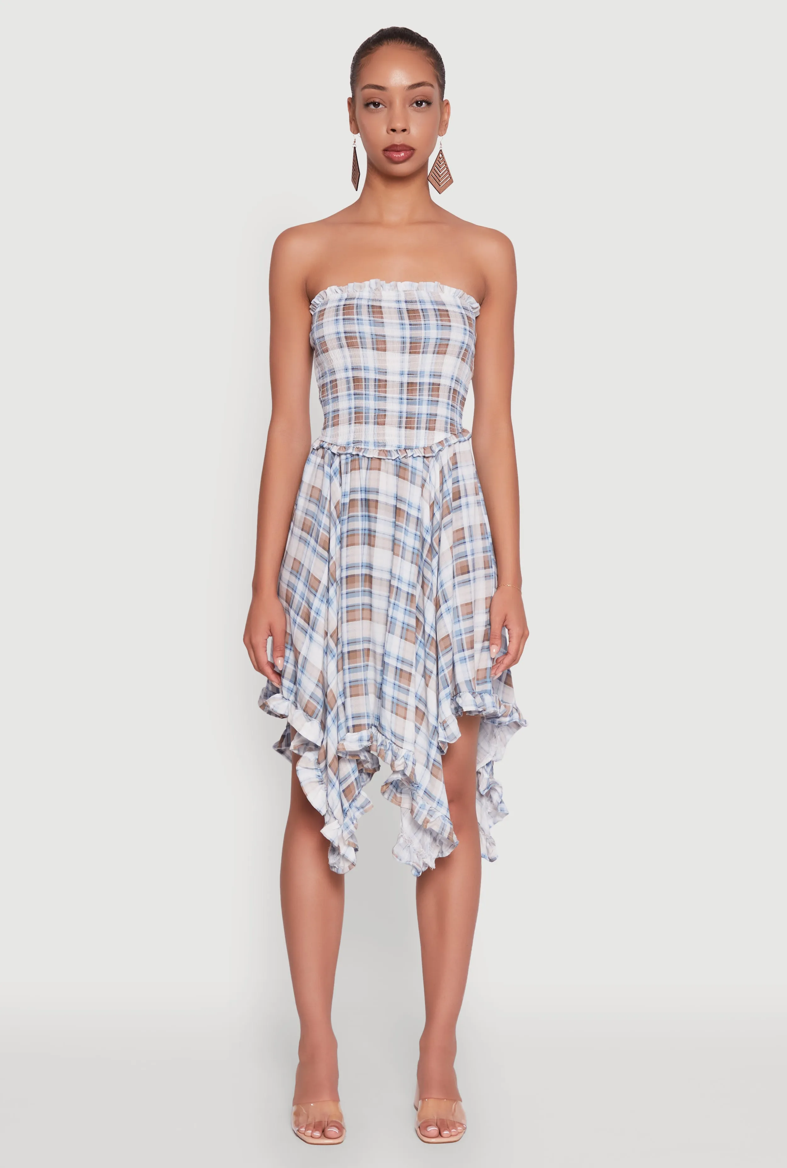 Plaid Smocked Handkerchief Hem Tube Dress Polished Attire