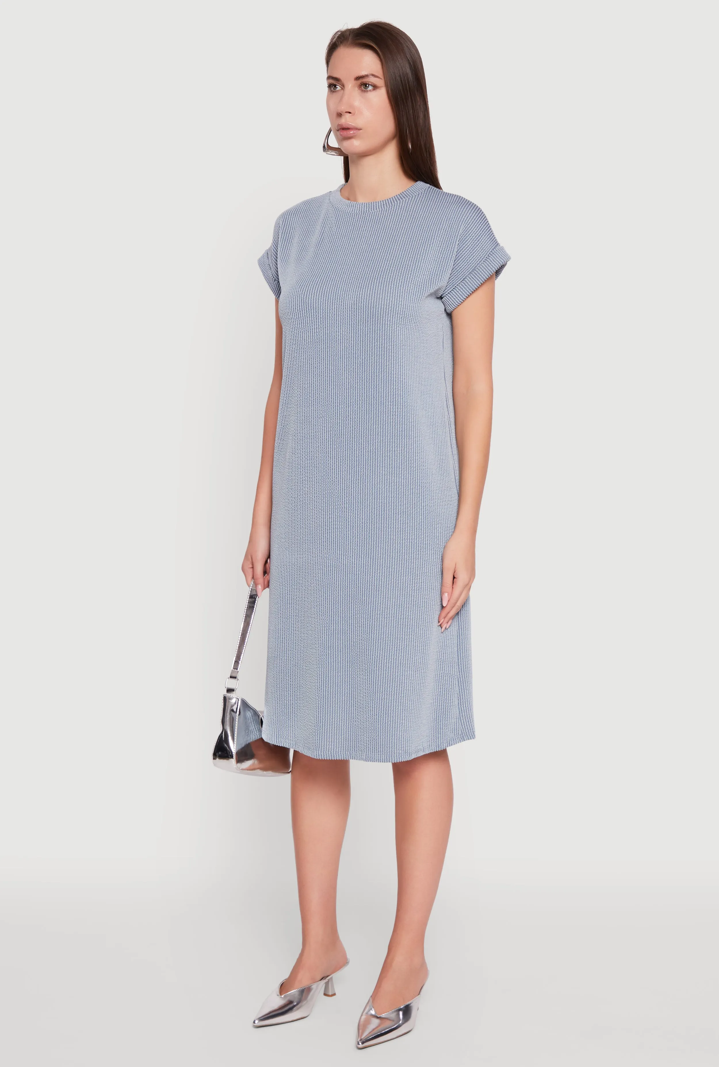 Rib Knit Shadow Stripe Fixed Cuff T-Shirt Dress Stylish below-the-knee gown Wool Warm