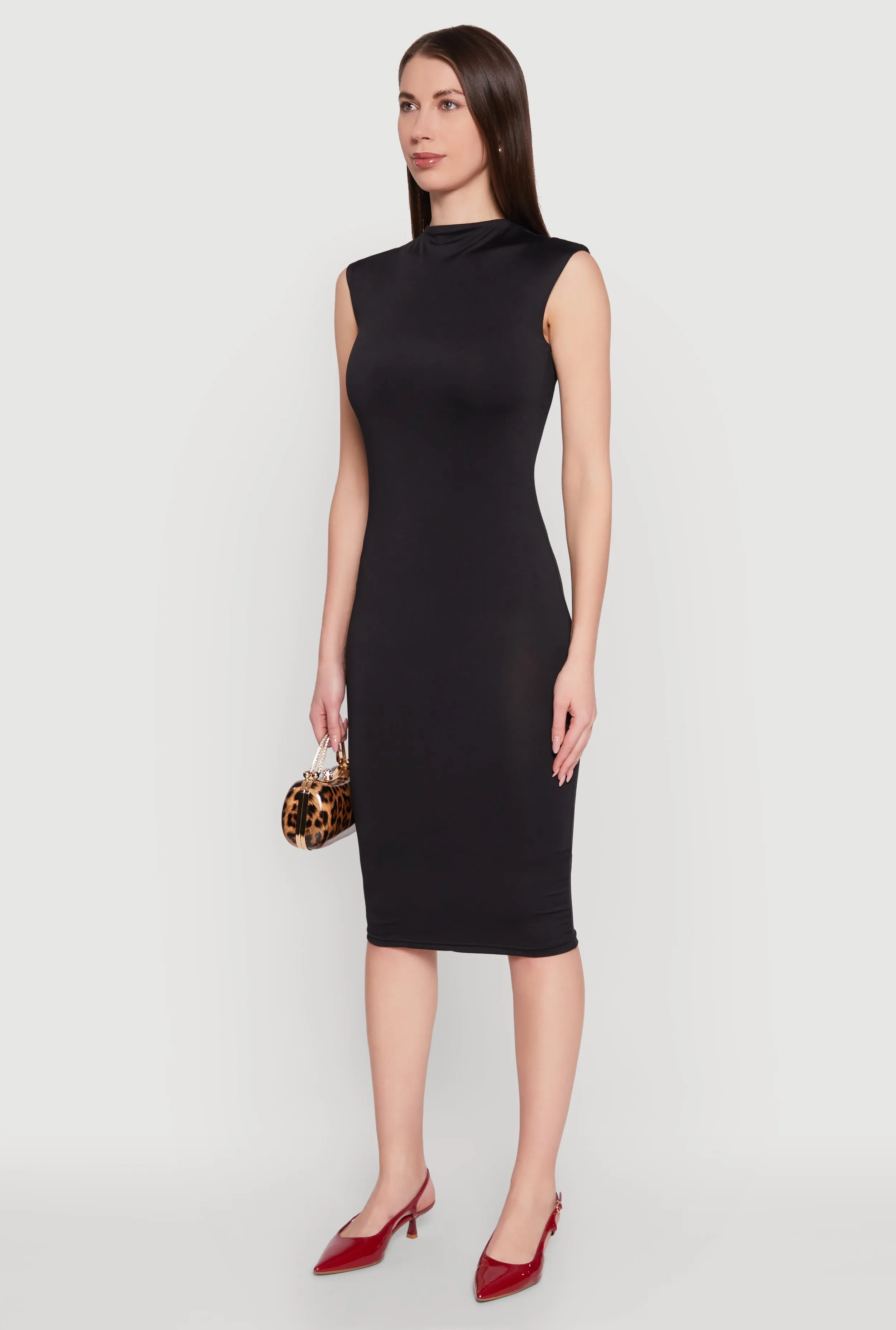 Mock Neck Cap Sleeve Midi Dress Sleek Silhouette