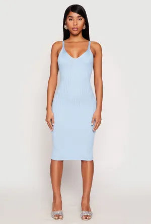 Ribbed Knit V Neck Midi Dress Sophisticated Comfort