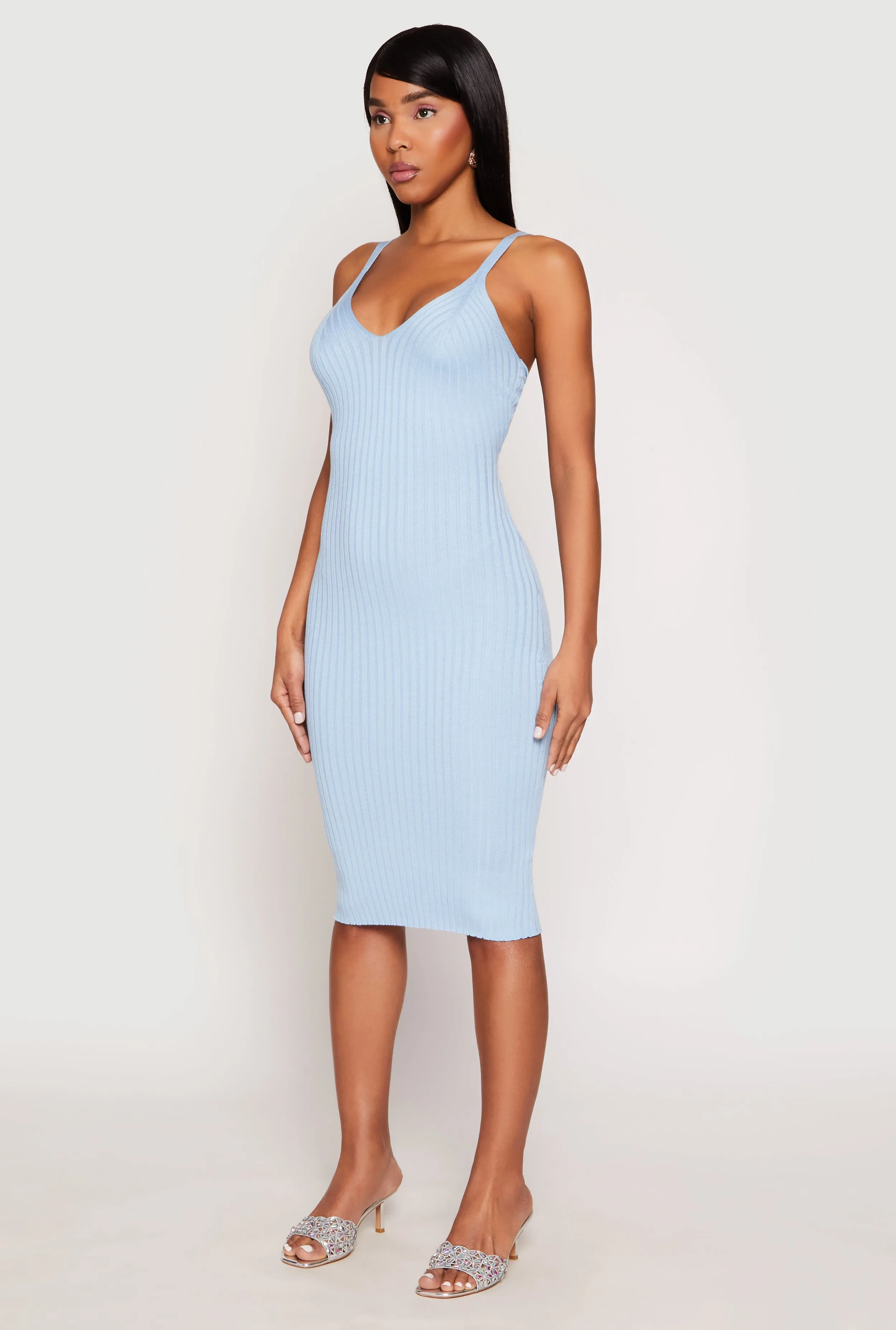 Perfectly Fitted Ribbed Knit V Neck Midi Dress