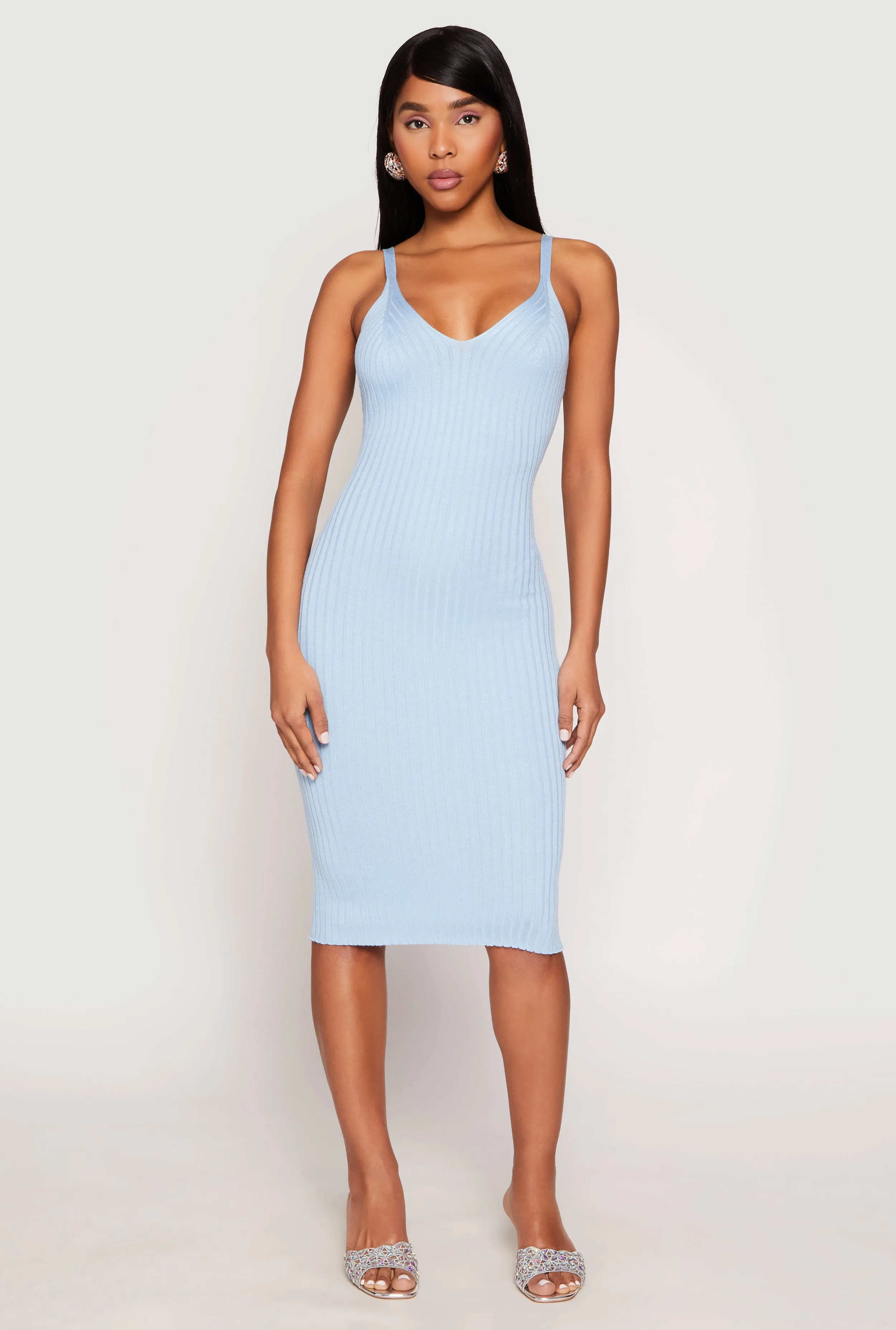 Young Professional Ribbed Knit V Neck Midi Dress