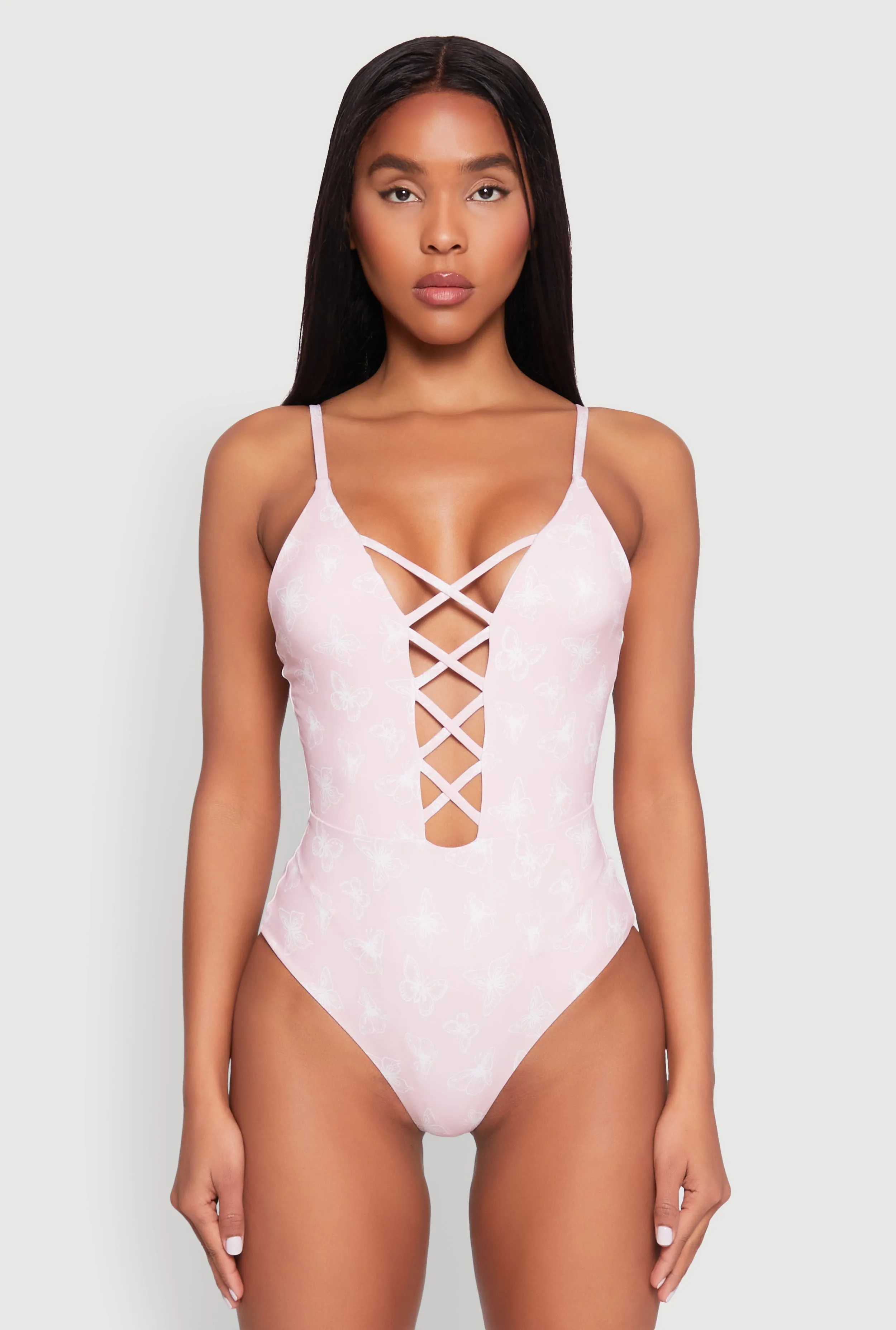 Smooth Edge Binding Moisture Wicking Fibers Butterfly Print Caged Front One Piece Swimsuit