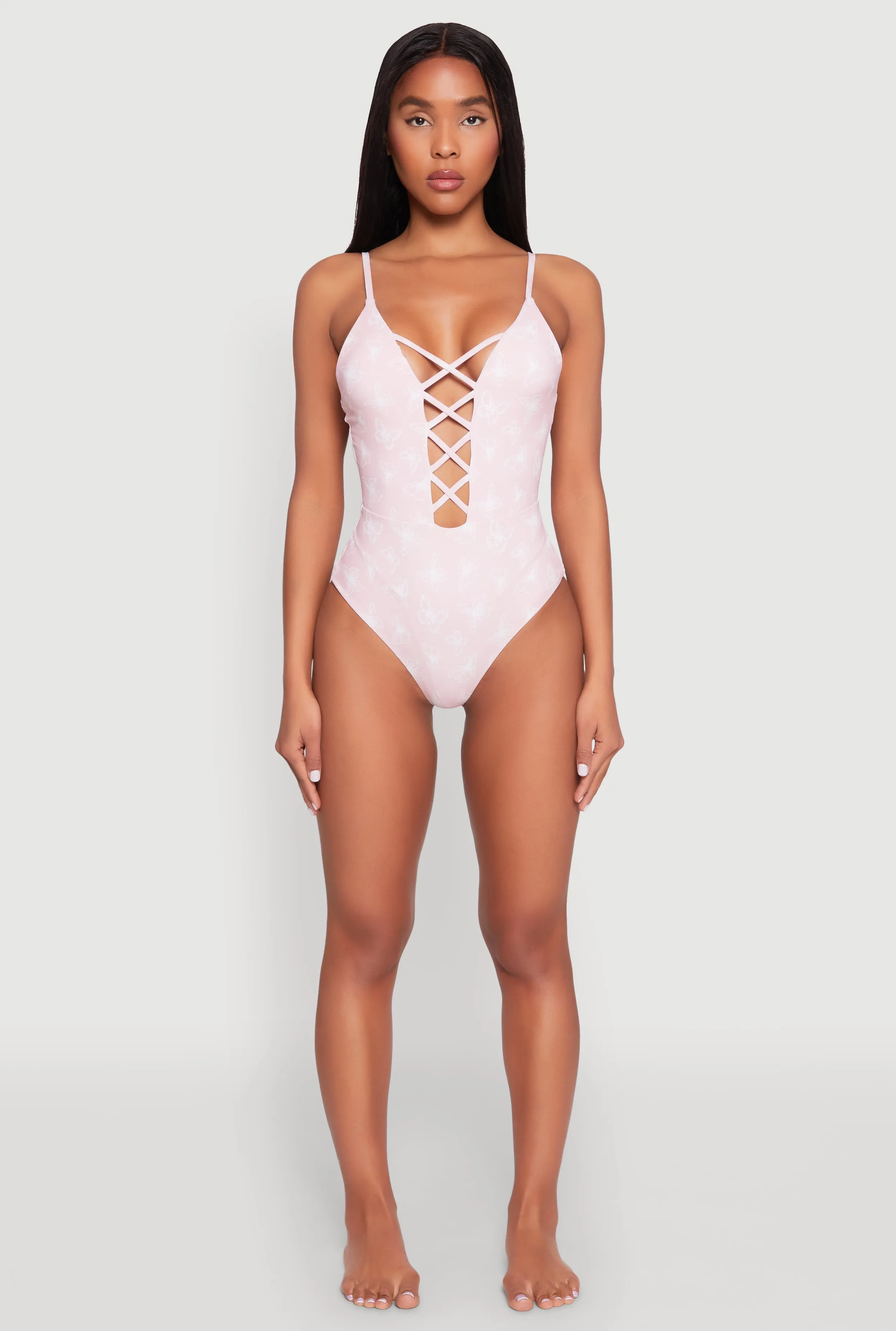 Tumble Resistant Cut Soft Lining Butterfly Print Caged Front One Piece Swimsuit